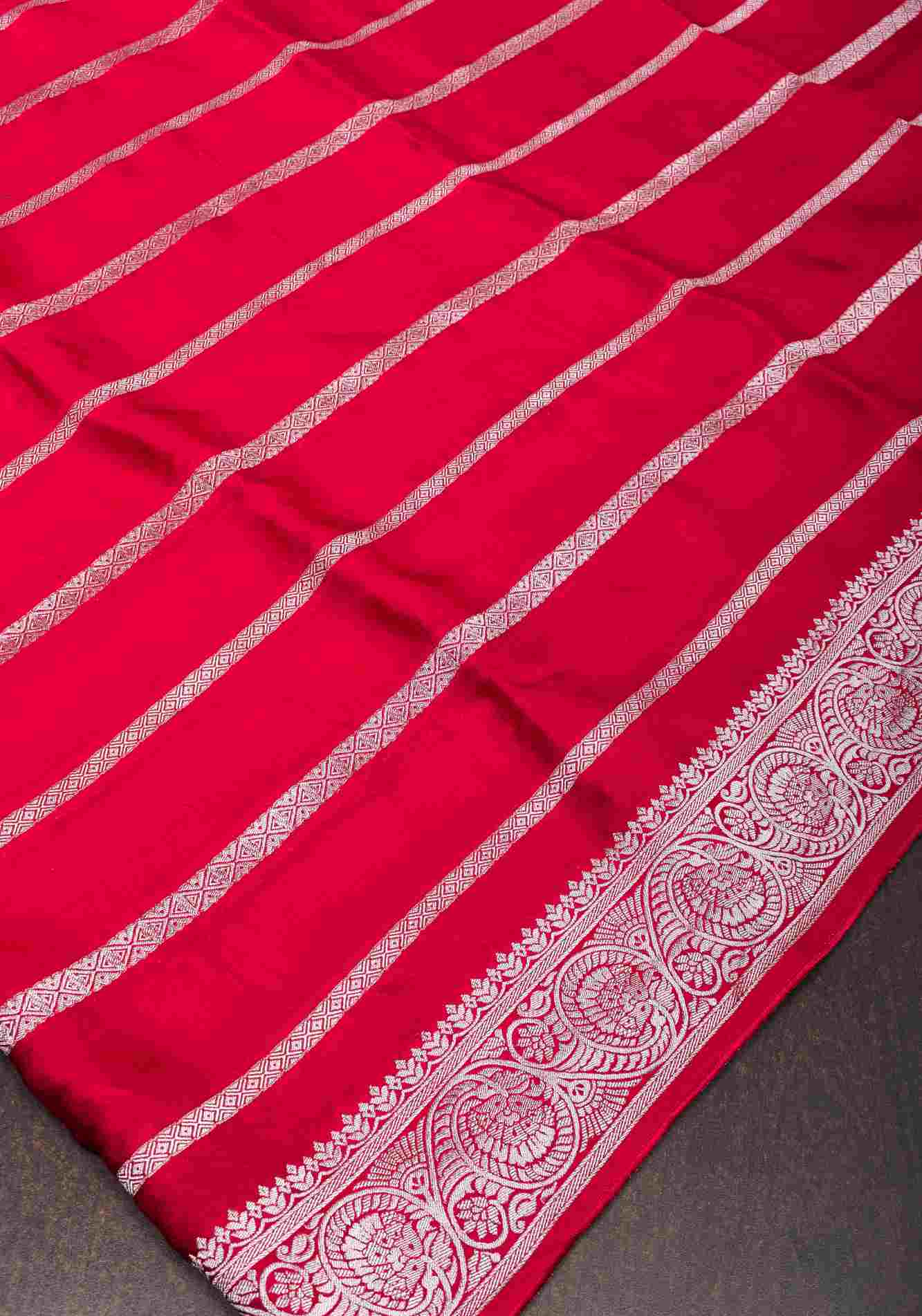 Predrape Viscose Satin Saree With Silver Zari Stripes and Pichwai Pallu In Reddish Pink Wrap in 1 minute saree