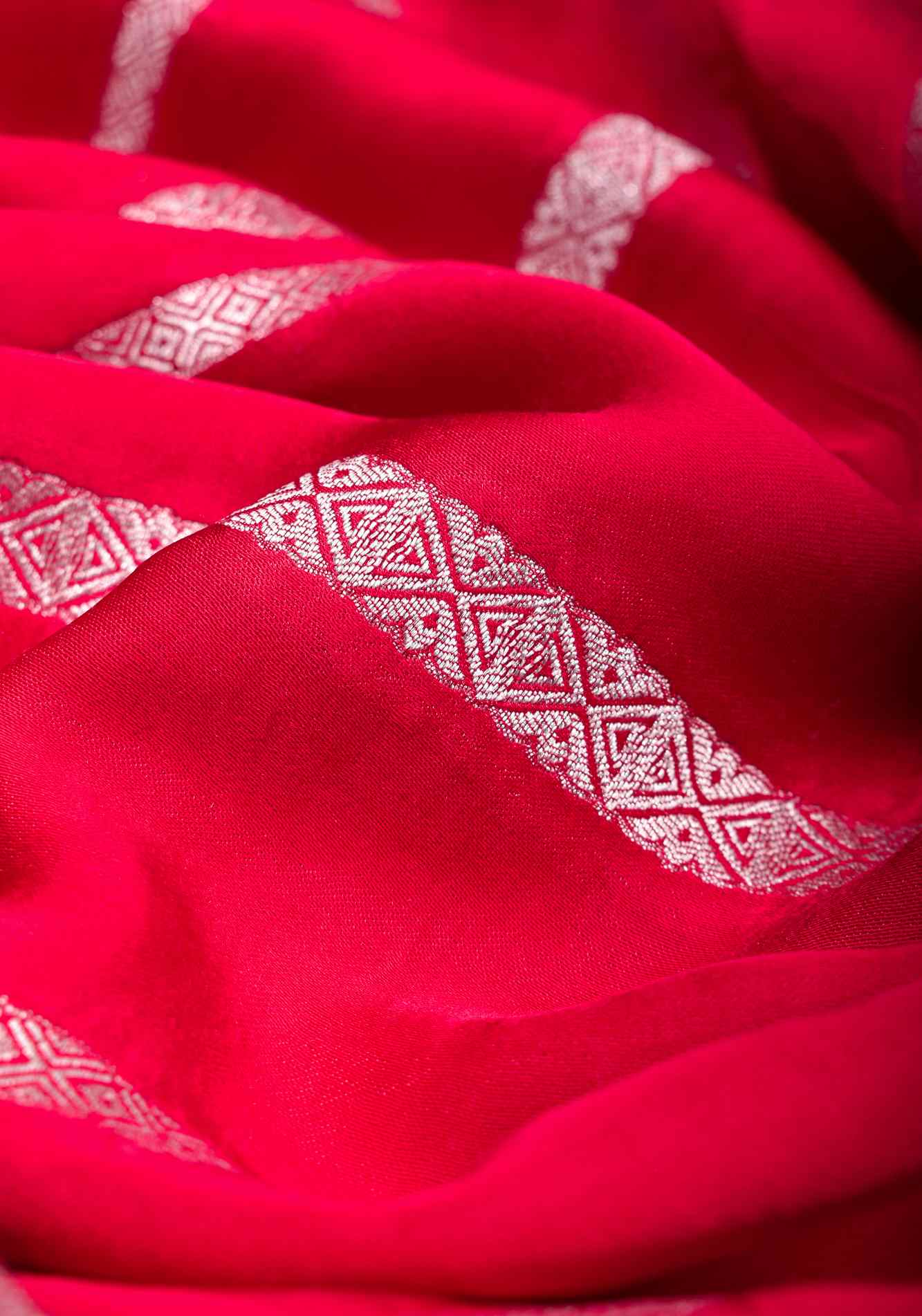 Predrape Viscose Satin Saree With Silver Zari Stripes and Pichwai Pallu In Reddish Pink Wrap in 1 minute saree