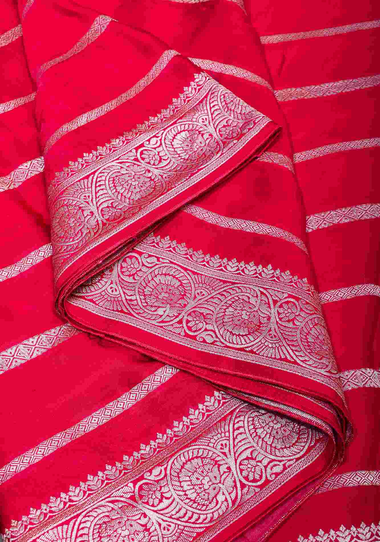 Predrape Viscose Satin Saree With Silver Zari Stripes and Pichwai Pallu In Reddish Pink Wrap in 1 minute saree