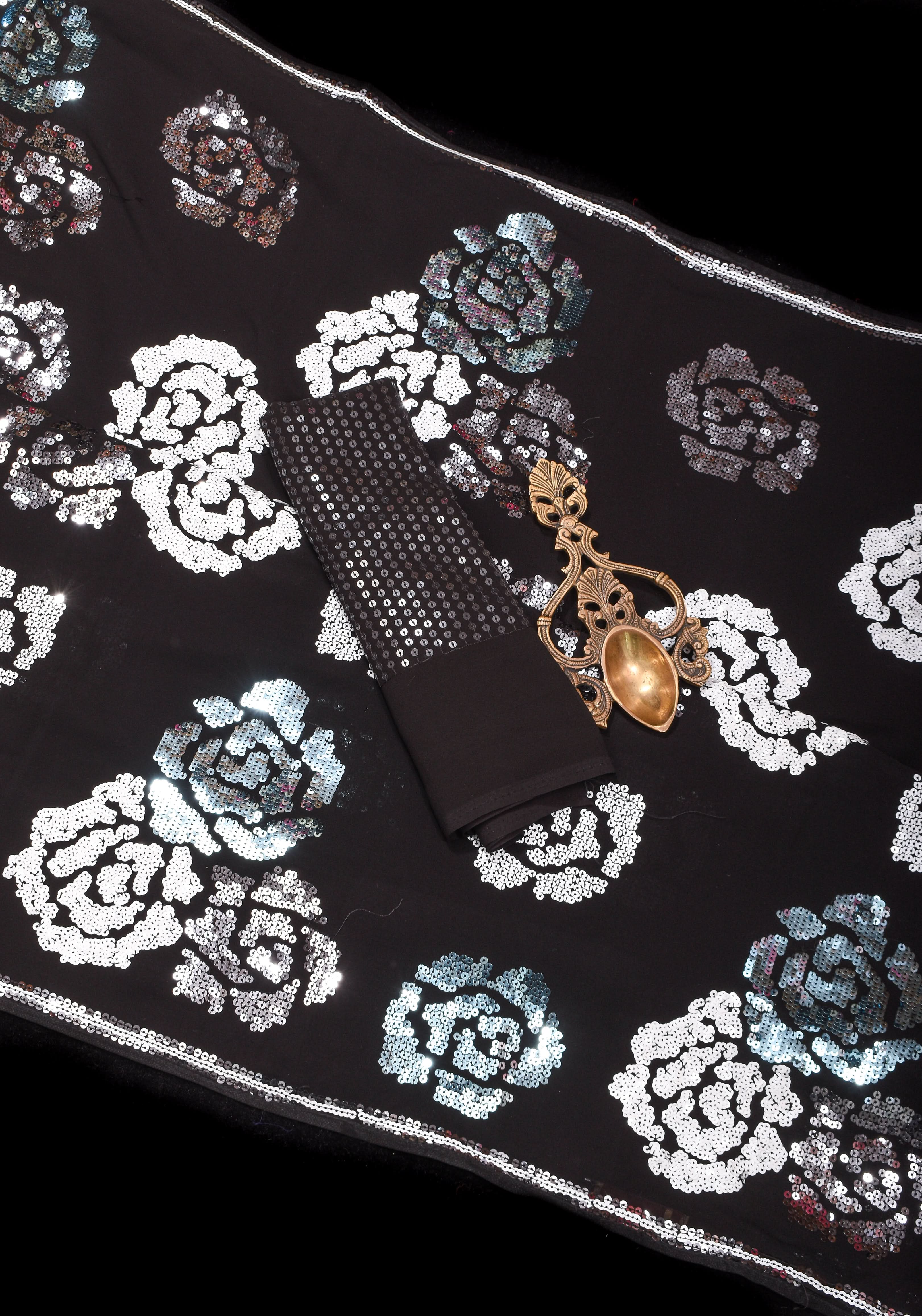 Georgette Saree with Rose Sequin work in Black | Shobitam