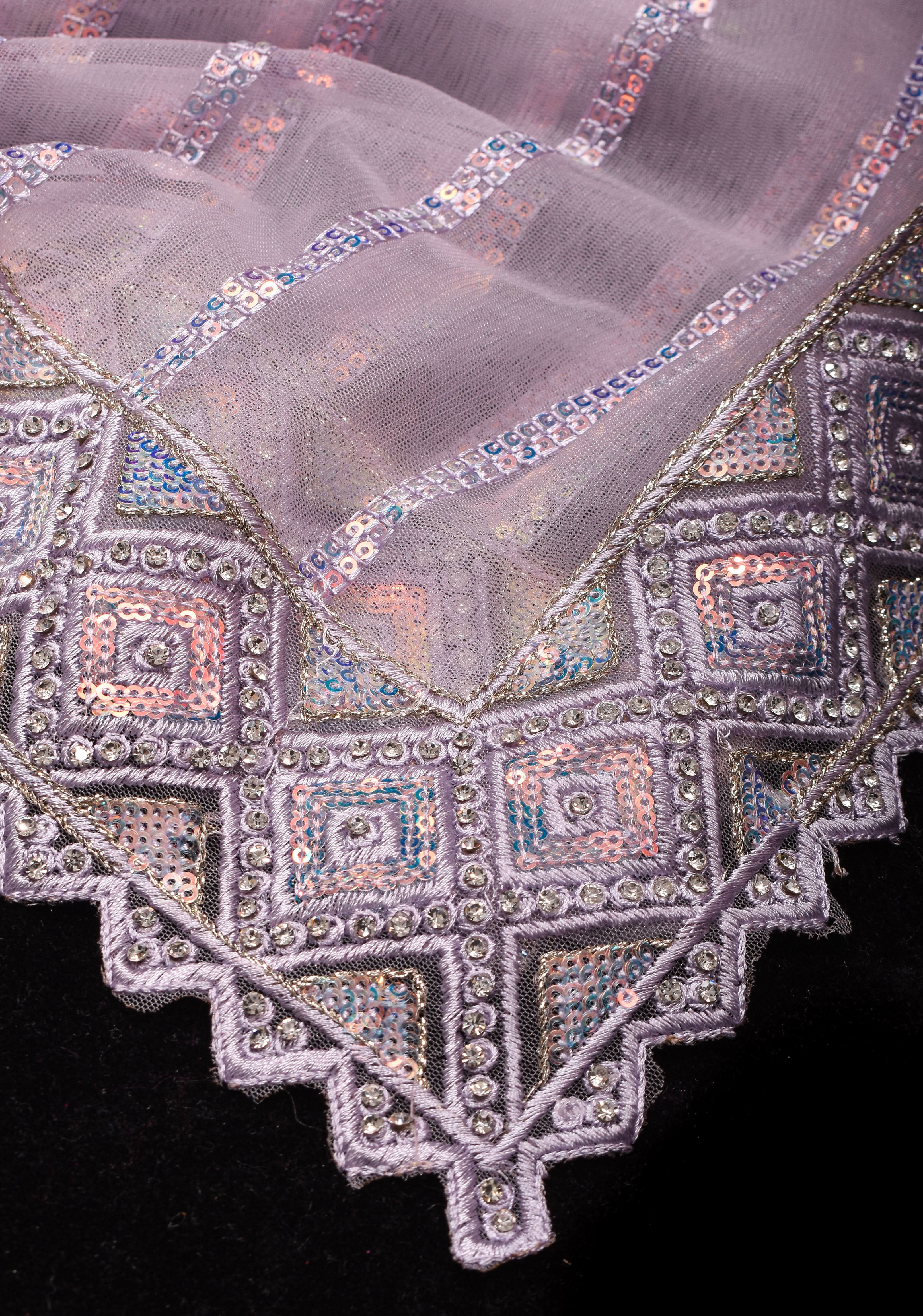 Dusty Lilac Stripes Design Sequins on Net Saree | Shobitam