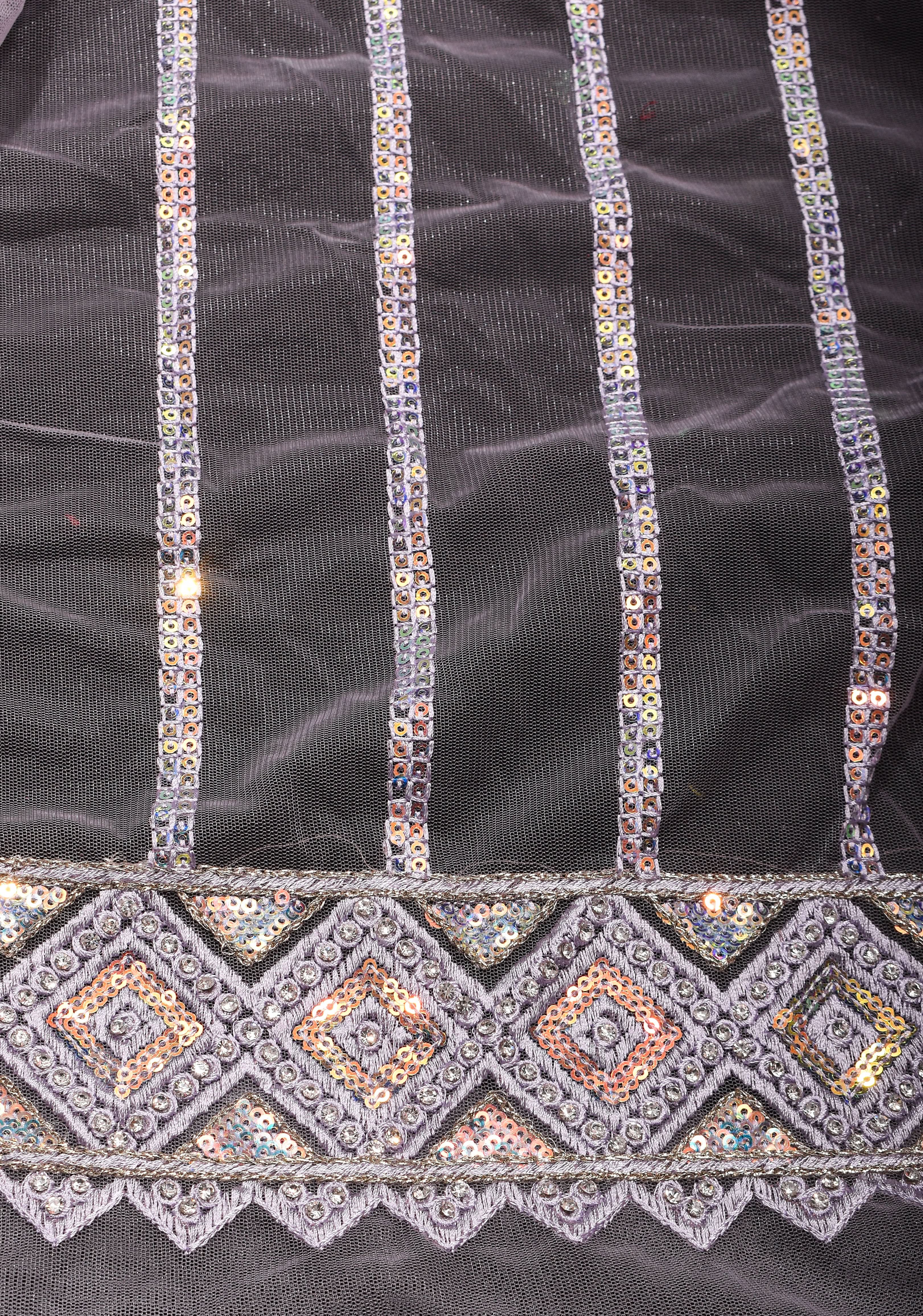 Dusty Lilac Stripes Design Sequins on Net Saree | Shobitam