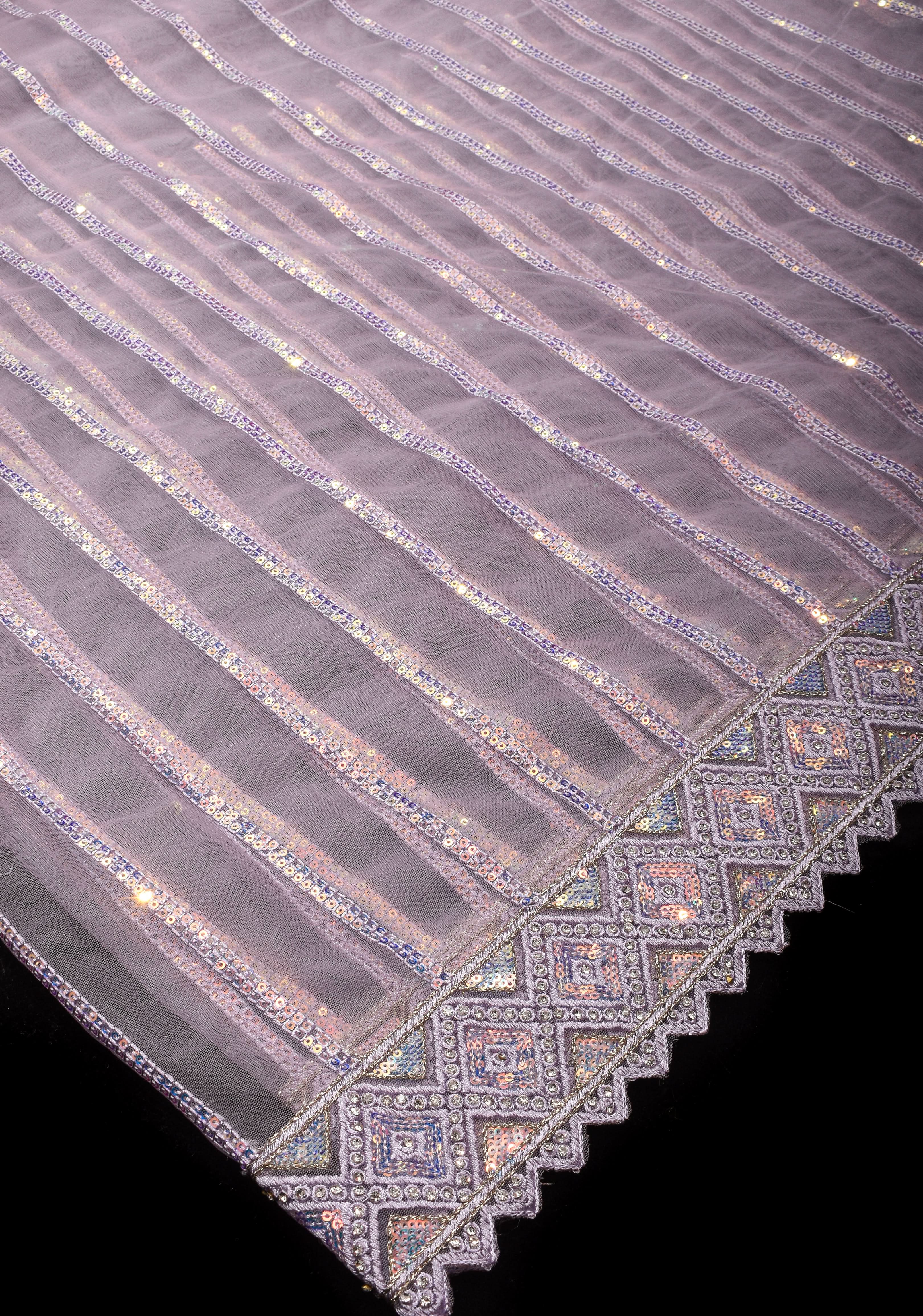 Dusty Lilac Stripes Design Sequins on Net Saree | Shobitam