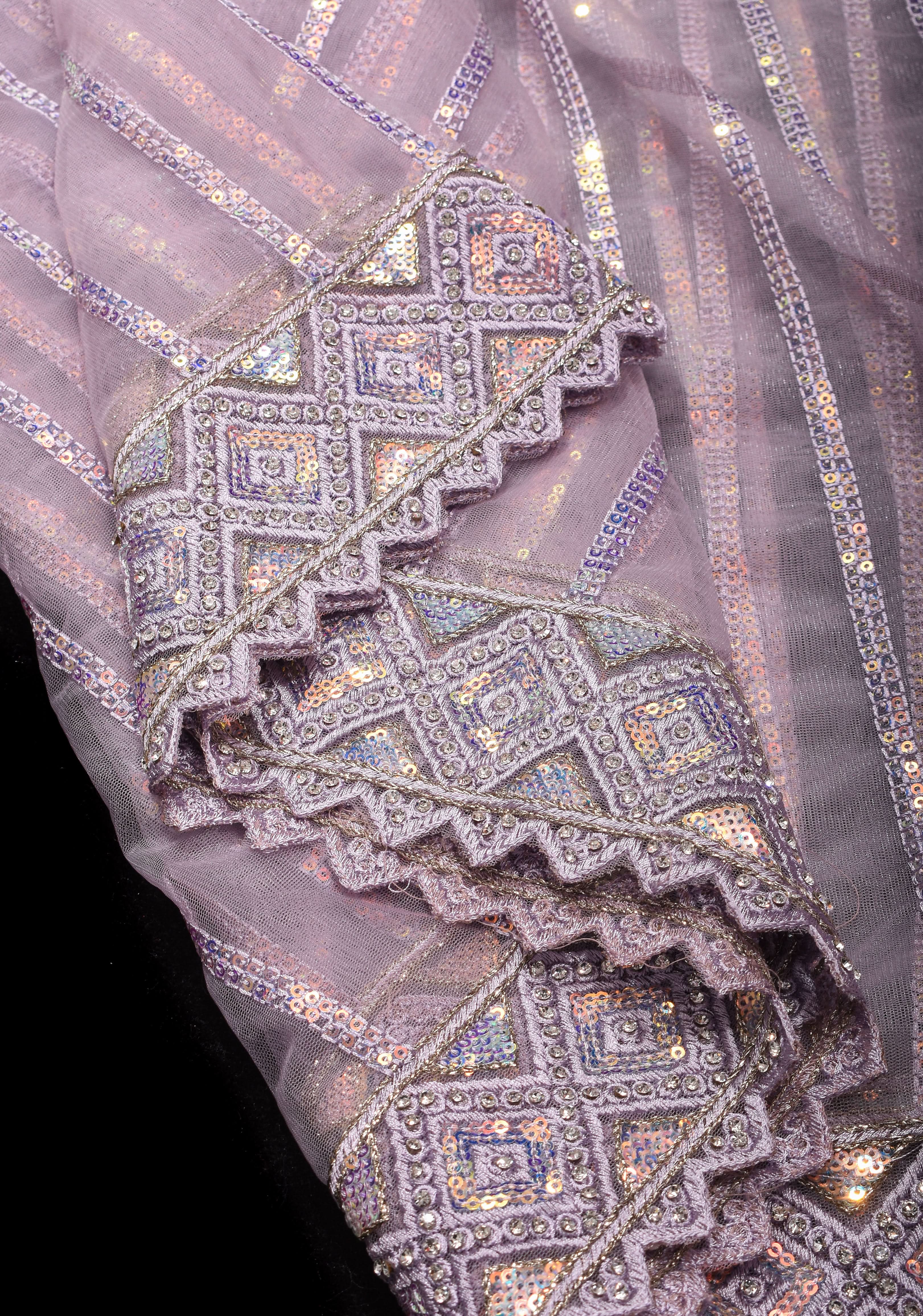 Dusty Lilac Stripes Design Sequins on Net Saree | Shobitam