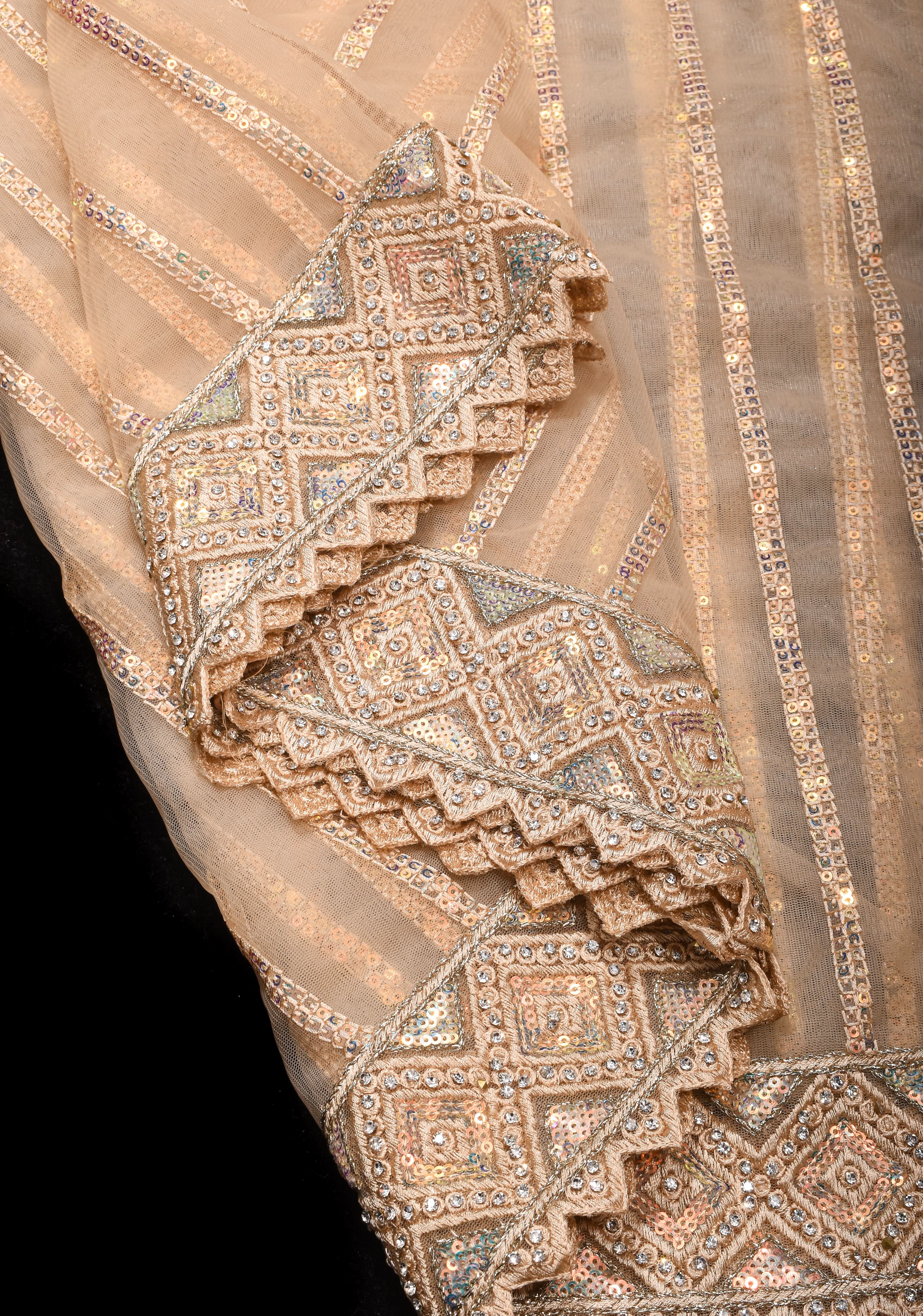Beige tone Stripes Design Sequins on Net Saree | Shobitam