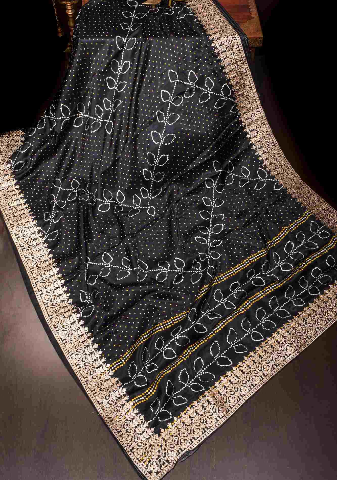 Pre drape Black Gajji Silk Saree with Gotta Patti Border and Digital print Bandhani