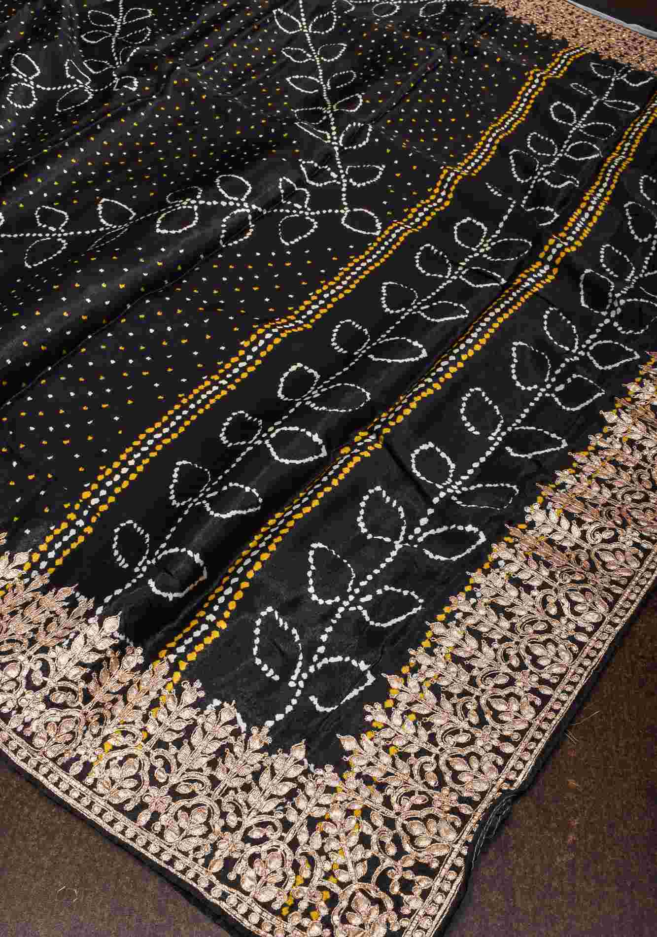 Pre drape Black Gajji Silk Saree with Gotta Patti Border and Digital print Bandhani