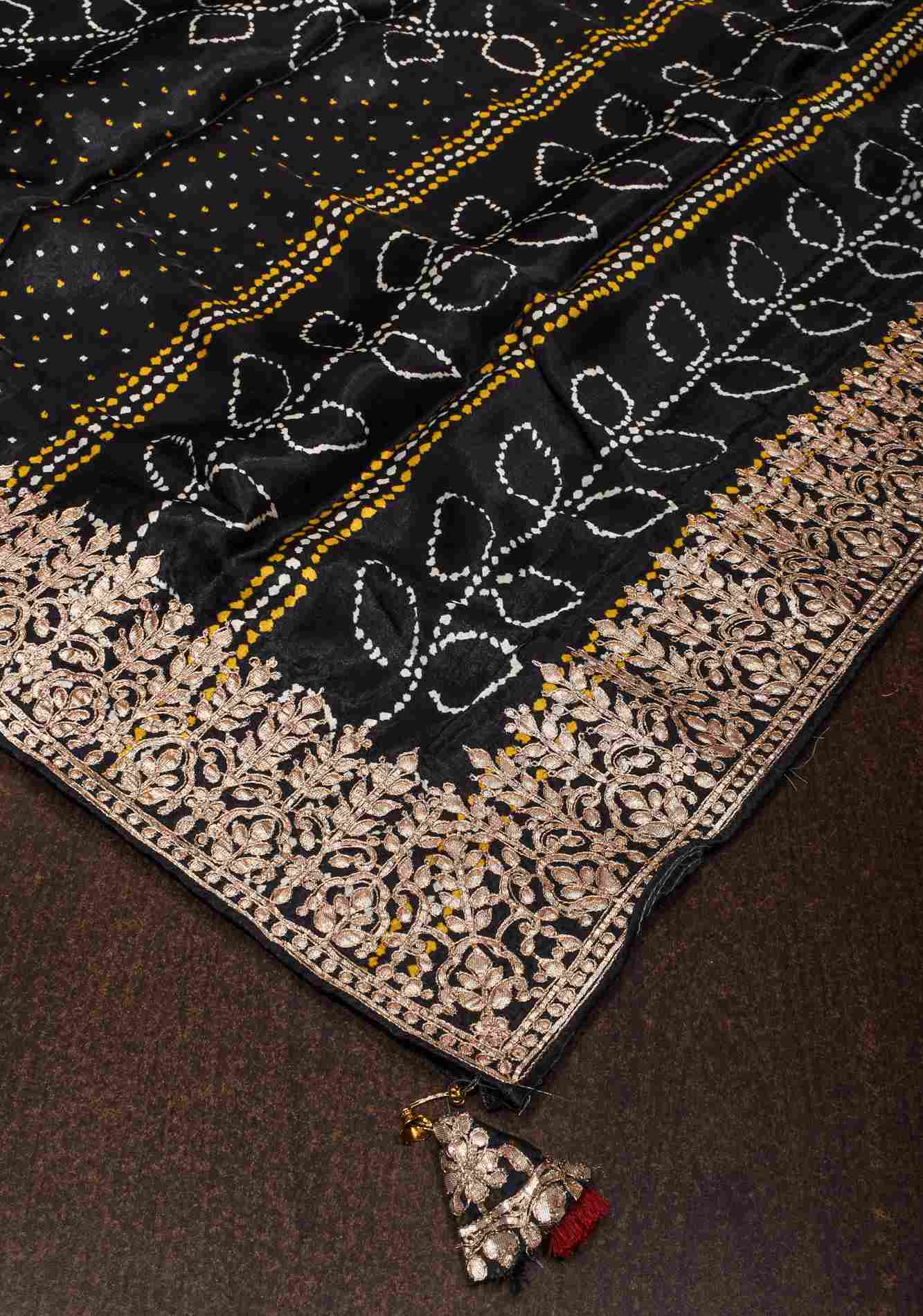 Pre drape Black Gajji Silk Saree with Gotta Patti Border and Digital print Bandhani