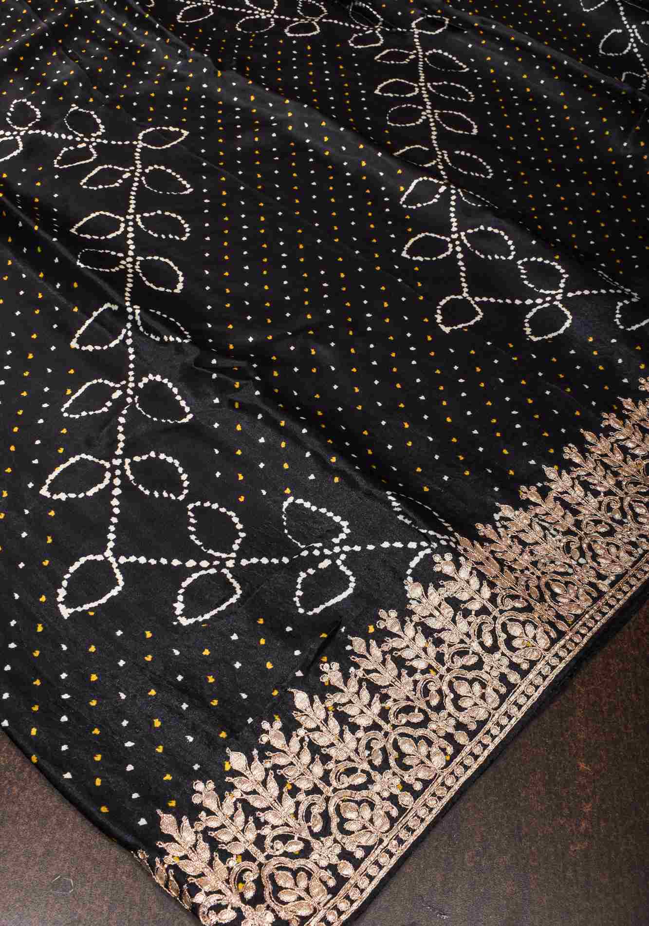 Pre drape Black Gajji Silk Saree with Gotta Patti Border and Digital print Bandhani