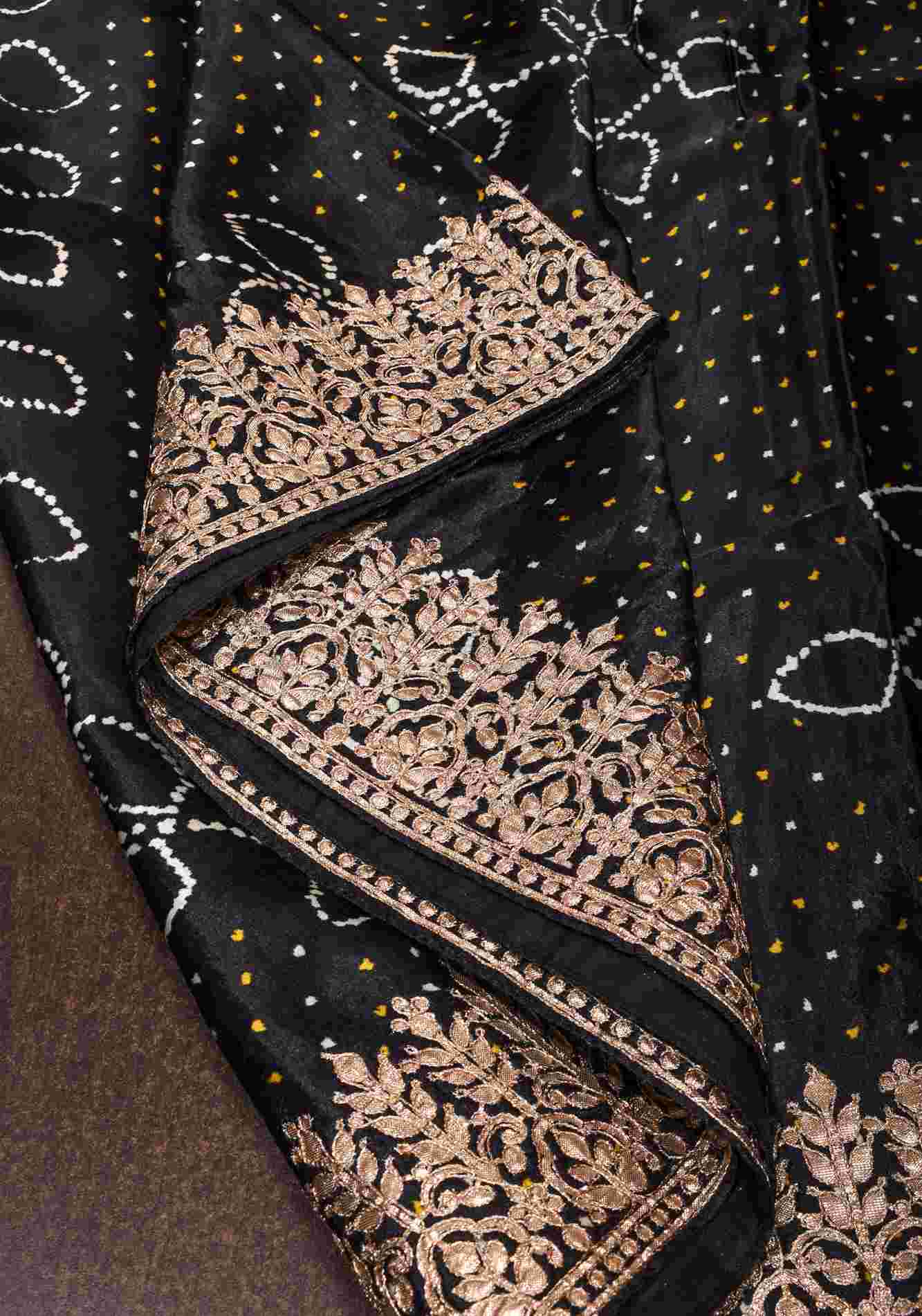 Pre drape Black Gajji Silk Saree with Gotta Patti Border and Digital print Bandhani