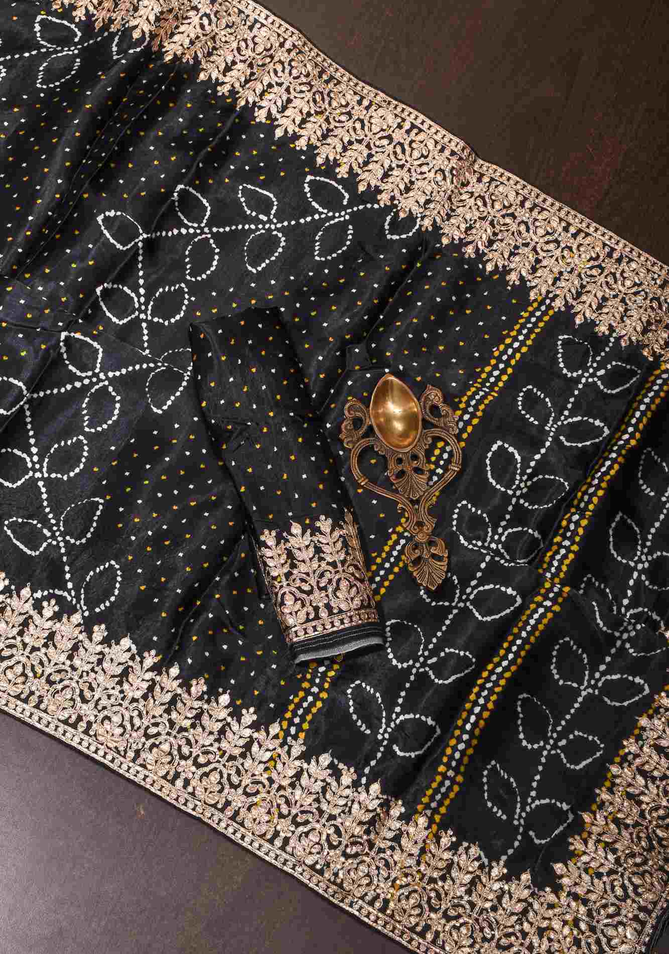 Pre drape Black Gajji Silk Saree with Gotta Patti Border and Digital print Bandhani