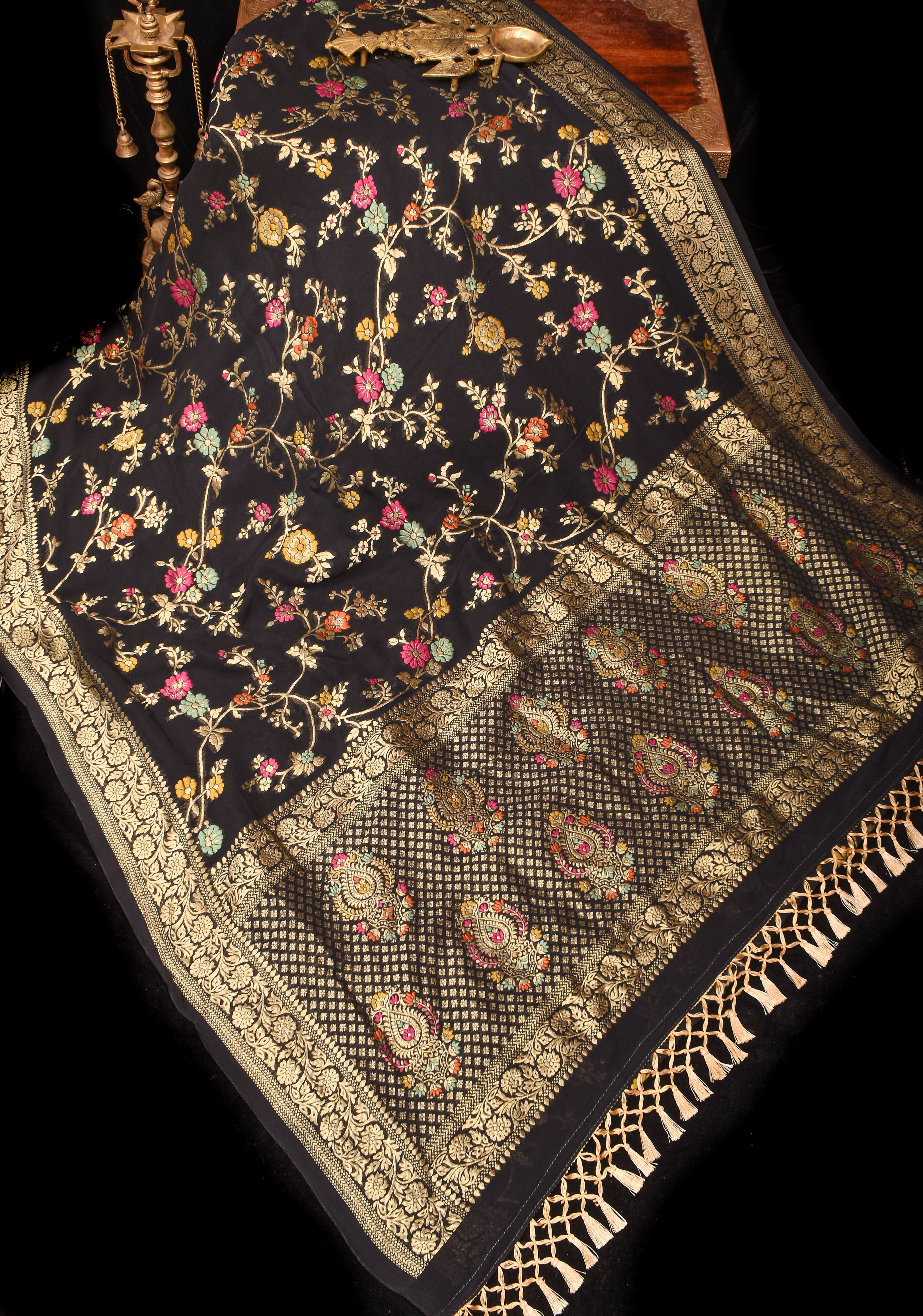 Black Viscose Saree with Meenakari Floral Jaal and Floral Zari Border | SHOBITAM