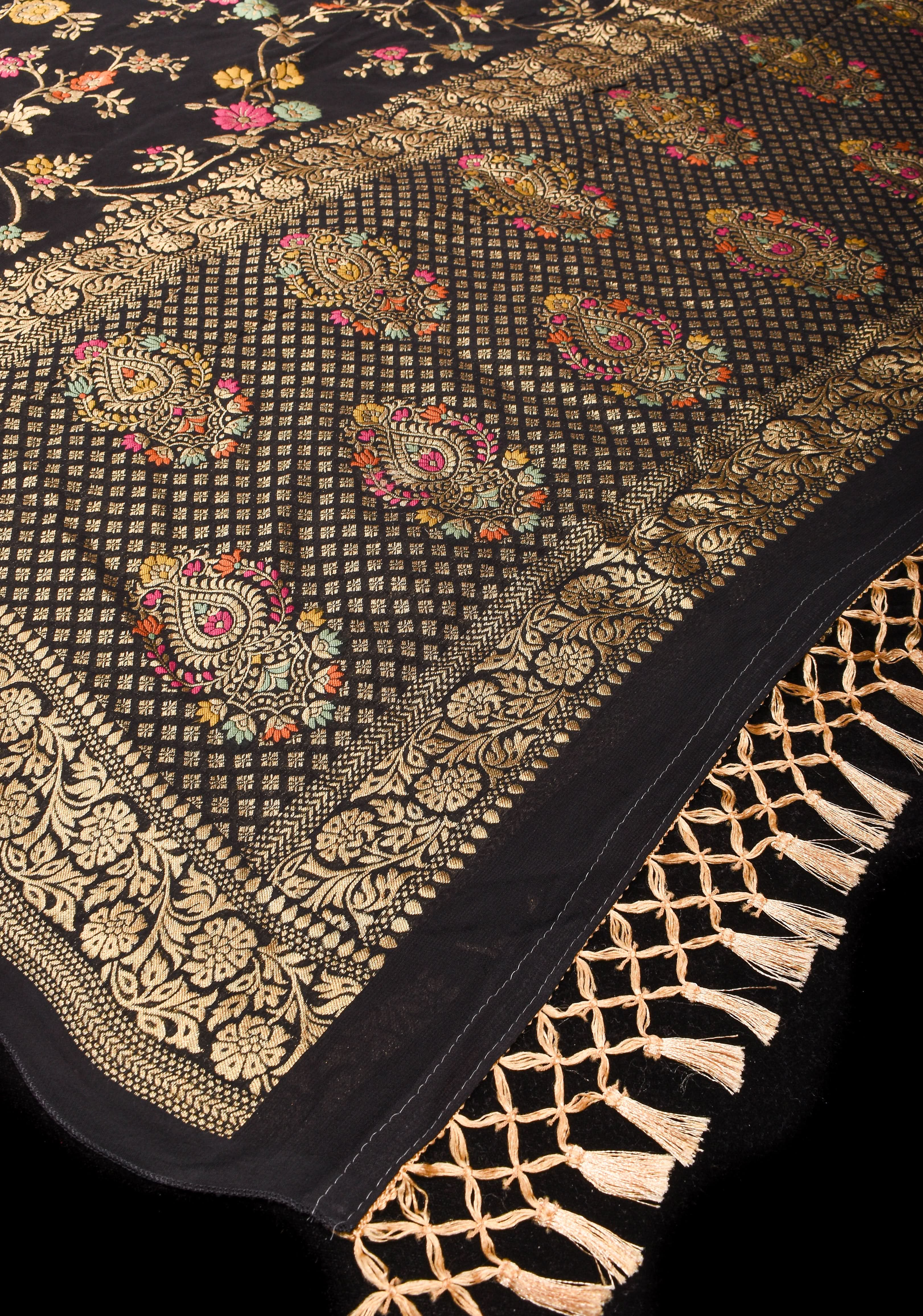Black Viscose Saree with Meenakari Floral Jaal and Floral Zari Border | SHOBITAM