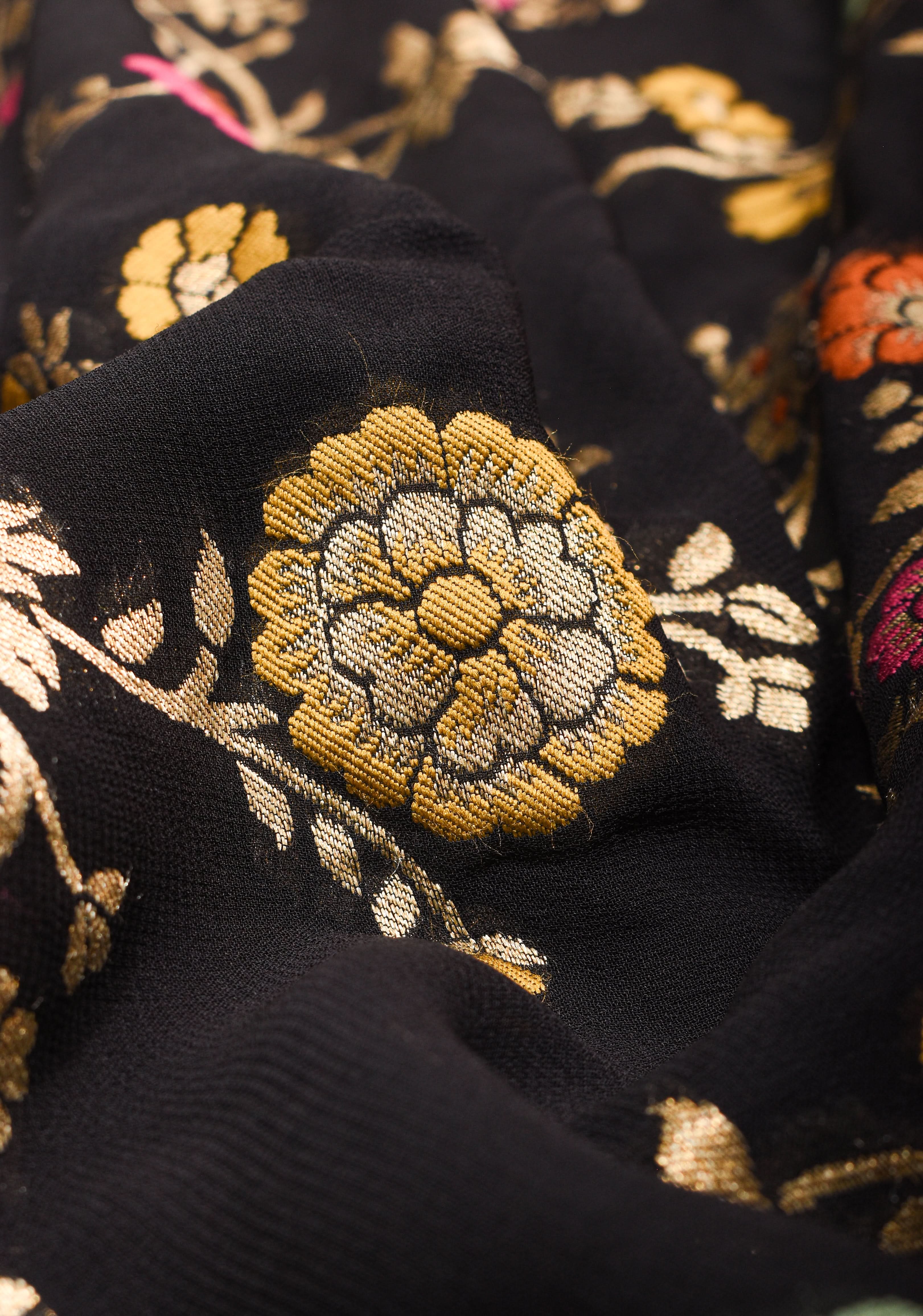 Black Viscose Saree with Meenakari Floral Jaal and Floral Zari Border | SHOBITAM