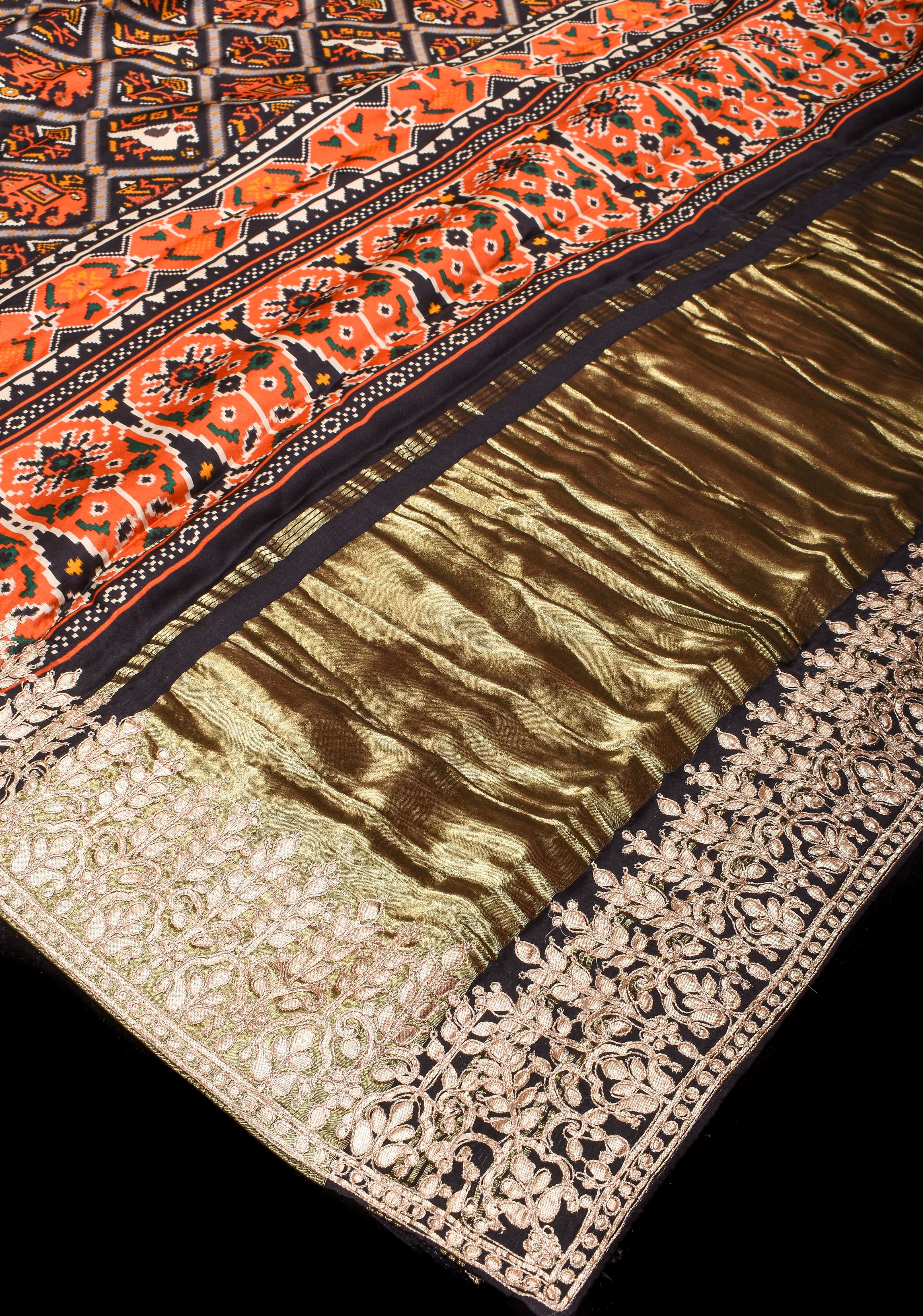 Black Patola Digital Print Gajji Silk Saree with Gotta Patti Border and Crushed Pallu | Shobitam