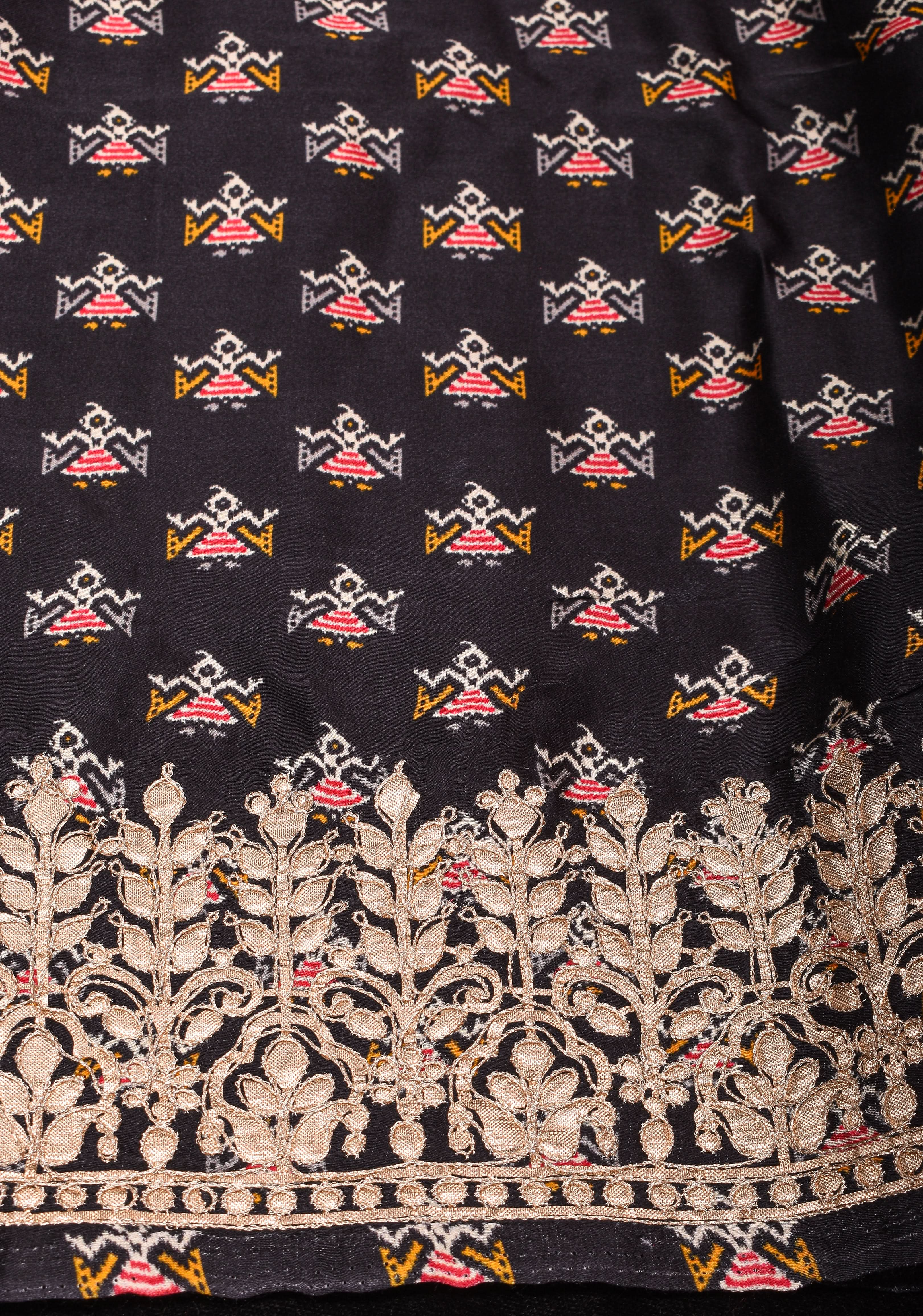 Black Patola Digital Print Gajji Silk Saree with Gotta Patti Border and Crushed Pallu | Shobitam