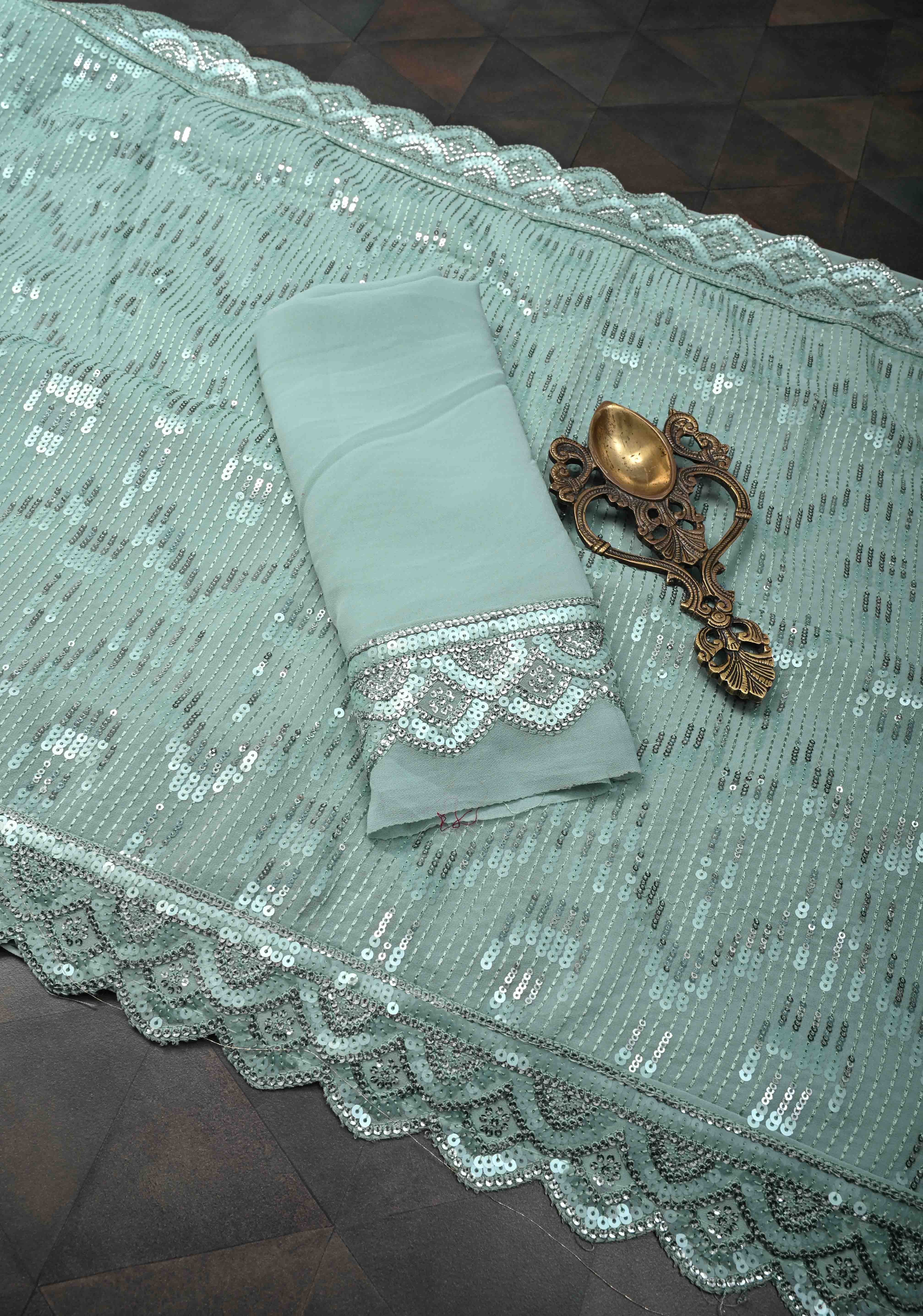 Pale Teal Full Sequins Embellished on Georgette Saree with Scalloped Border | Shobitam