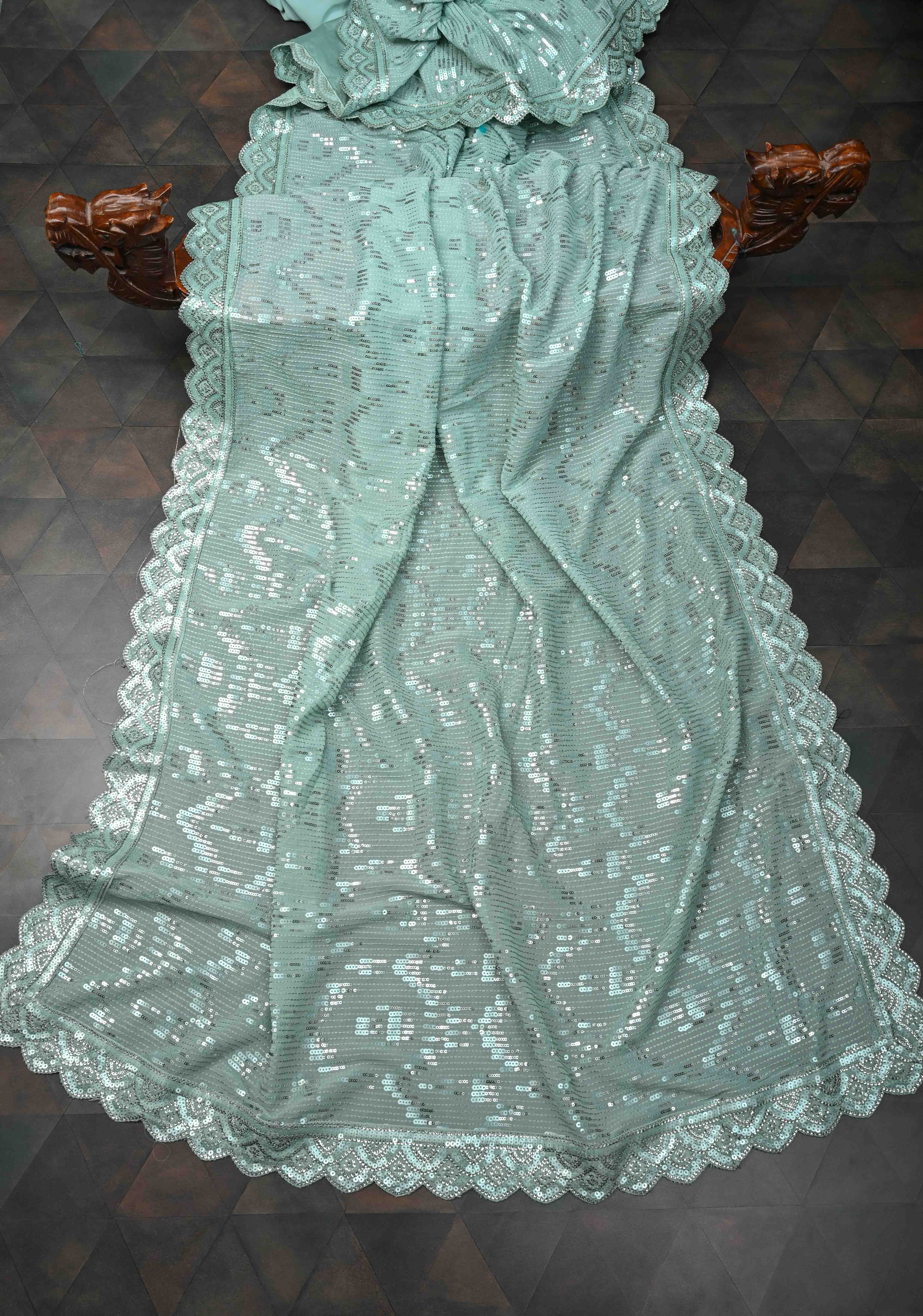 Pale Teal Full Sequins Embellished on Georgette Saree with Scalloped Border | Shobitam