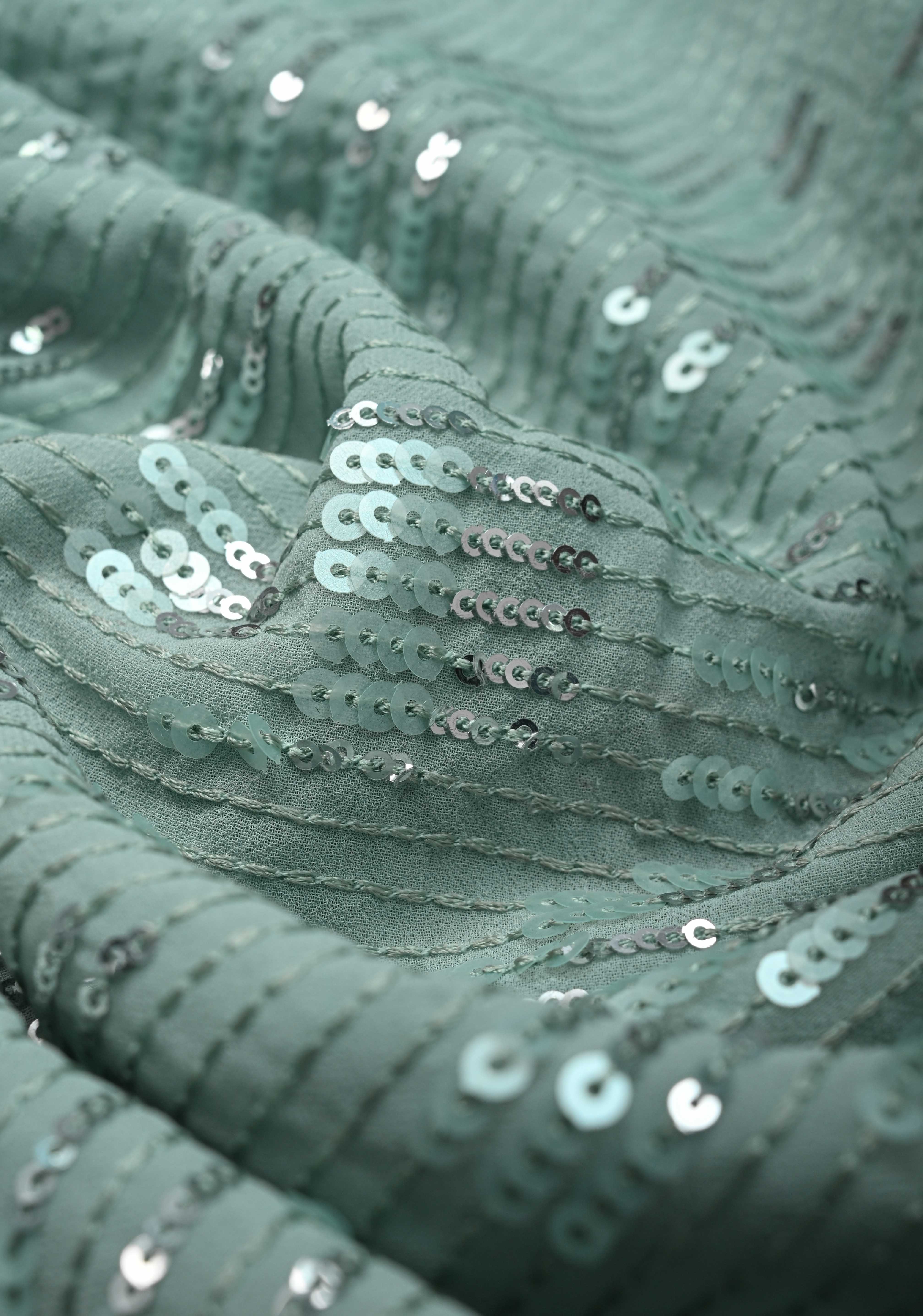 Pale Teal Full Sequins Embellished on Georgette Saree with Scalloped Border | Shobitam