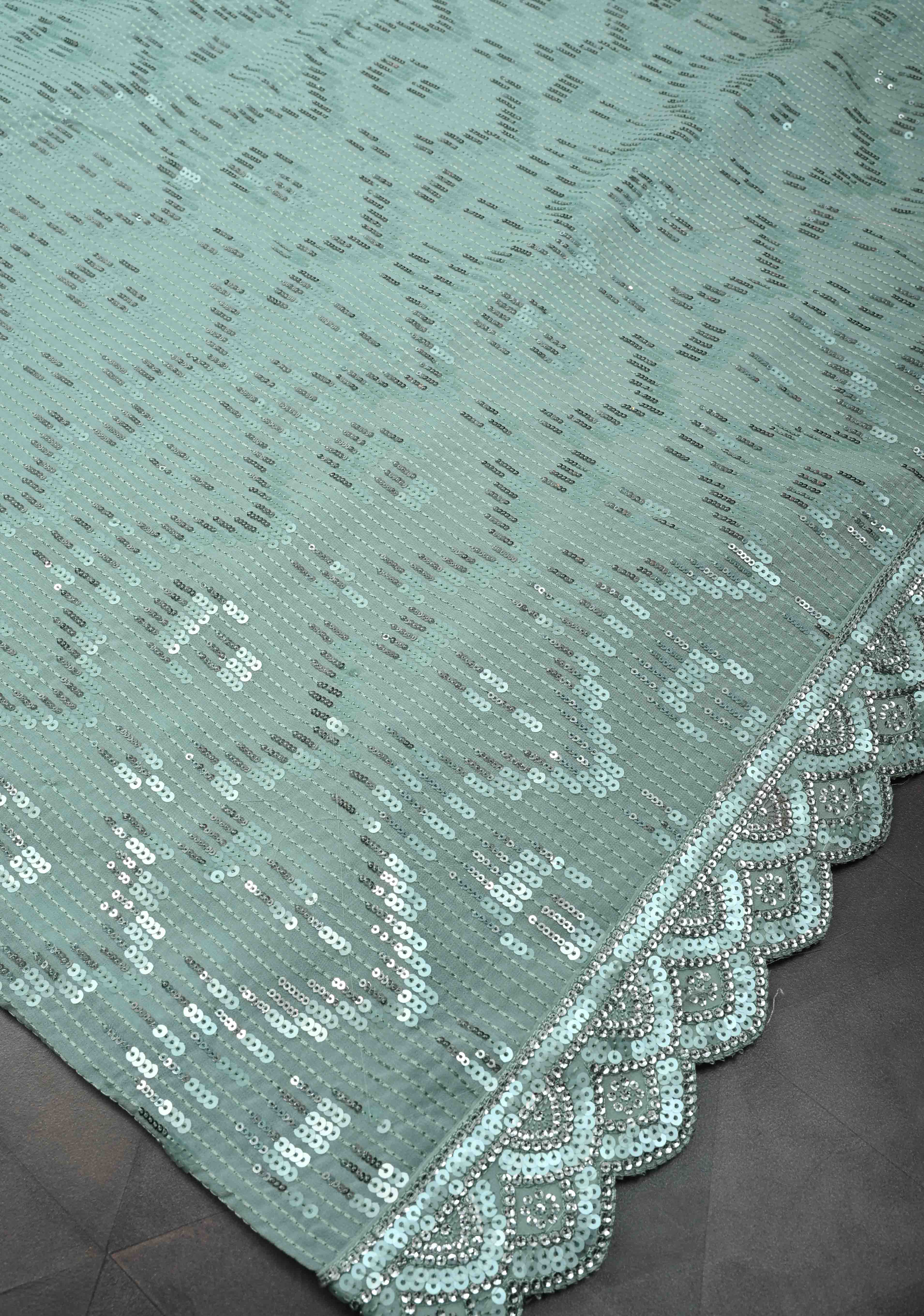 Pale Teal Full Sequins Embellished on Georgette Saree with Scalloped Border | Shobitam