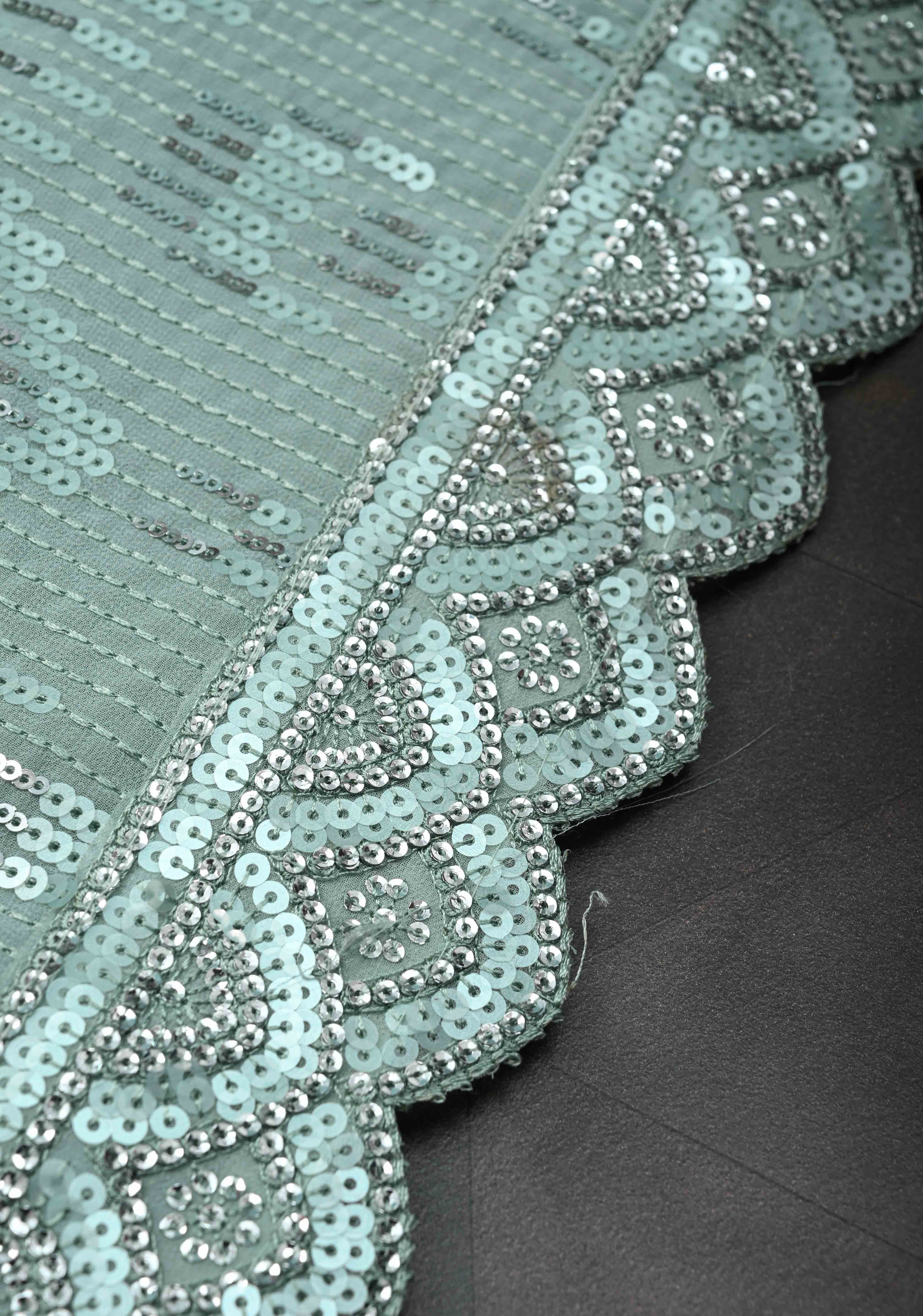 Pale Teal Full Sequins Embellished on Georgette Saree with Scalloped Border | Shobitam