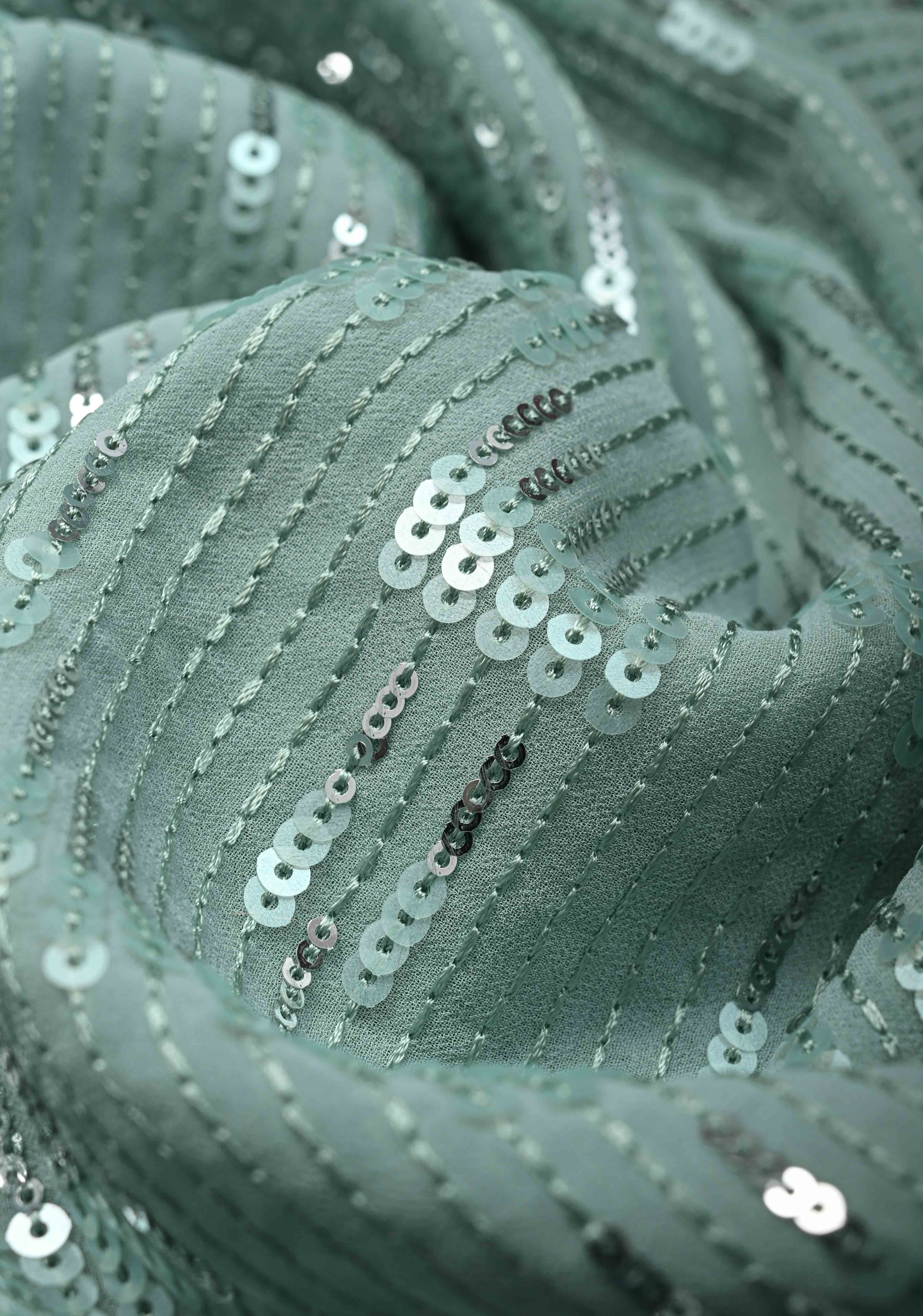 Pale Teal Full Sequins Embellished on Georgette Saree with Scalloped Border | Shobitam