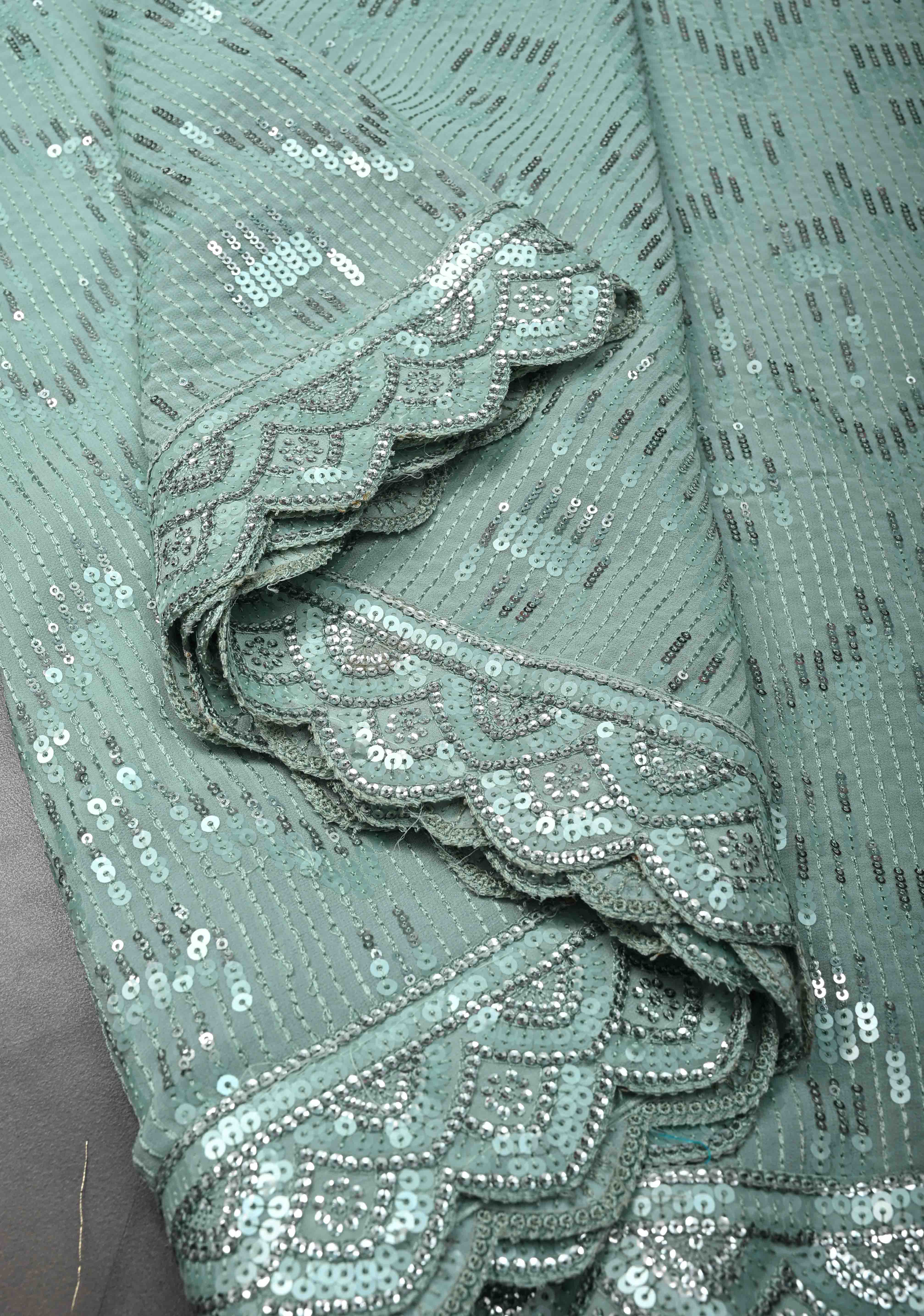 Pale Teal Full Sequins Embellished on Georgette Saree with Scalloped Border | Shobitam