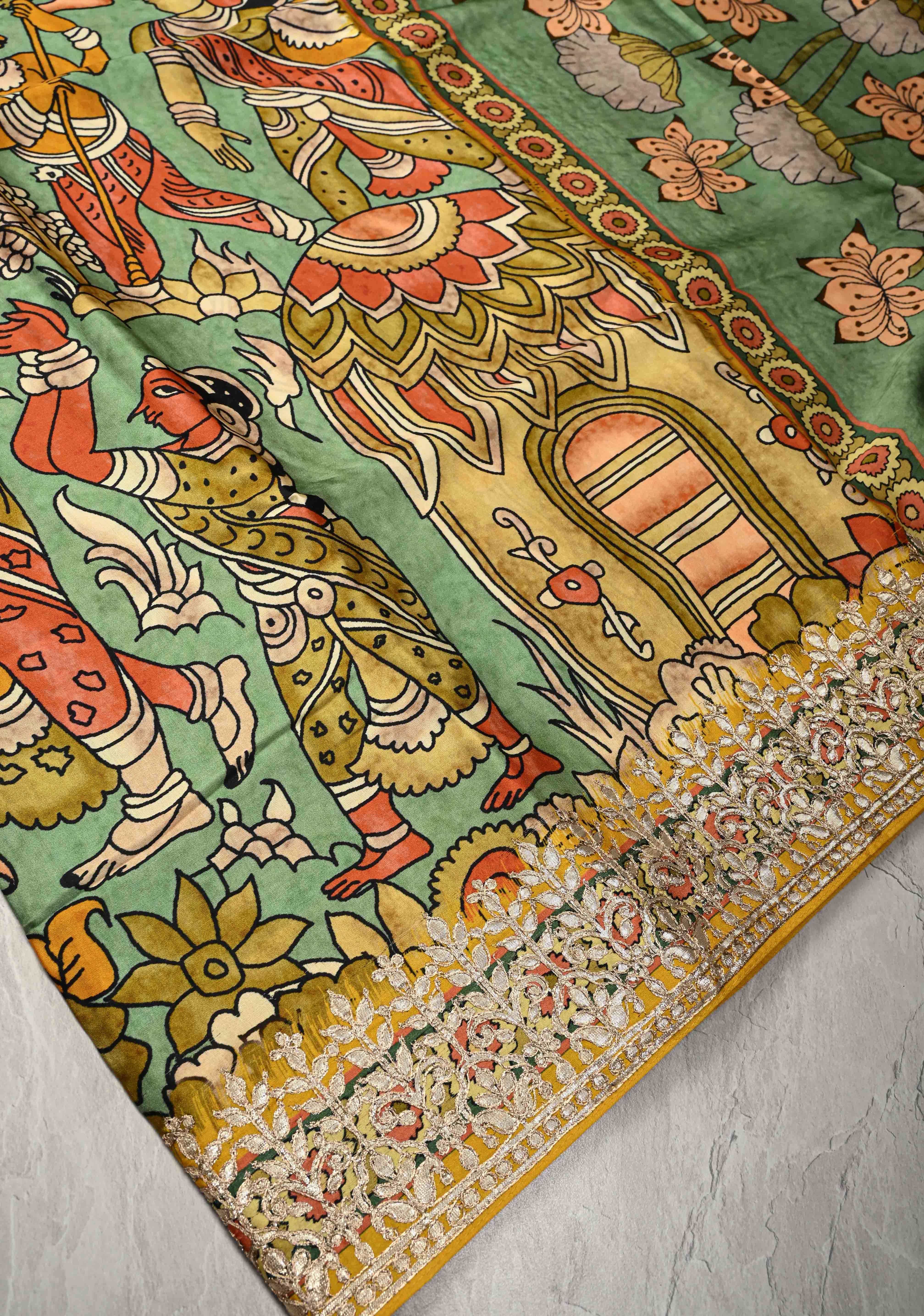 Green Gajji Silk Saree with Village Theme Kalamkari Digital Print and Gotta Patti Border | Shobitam