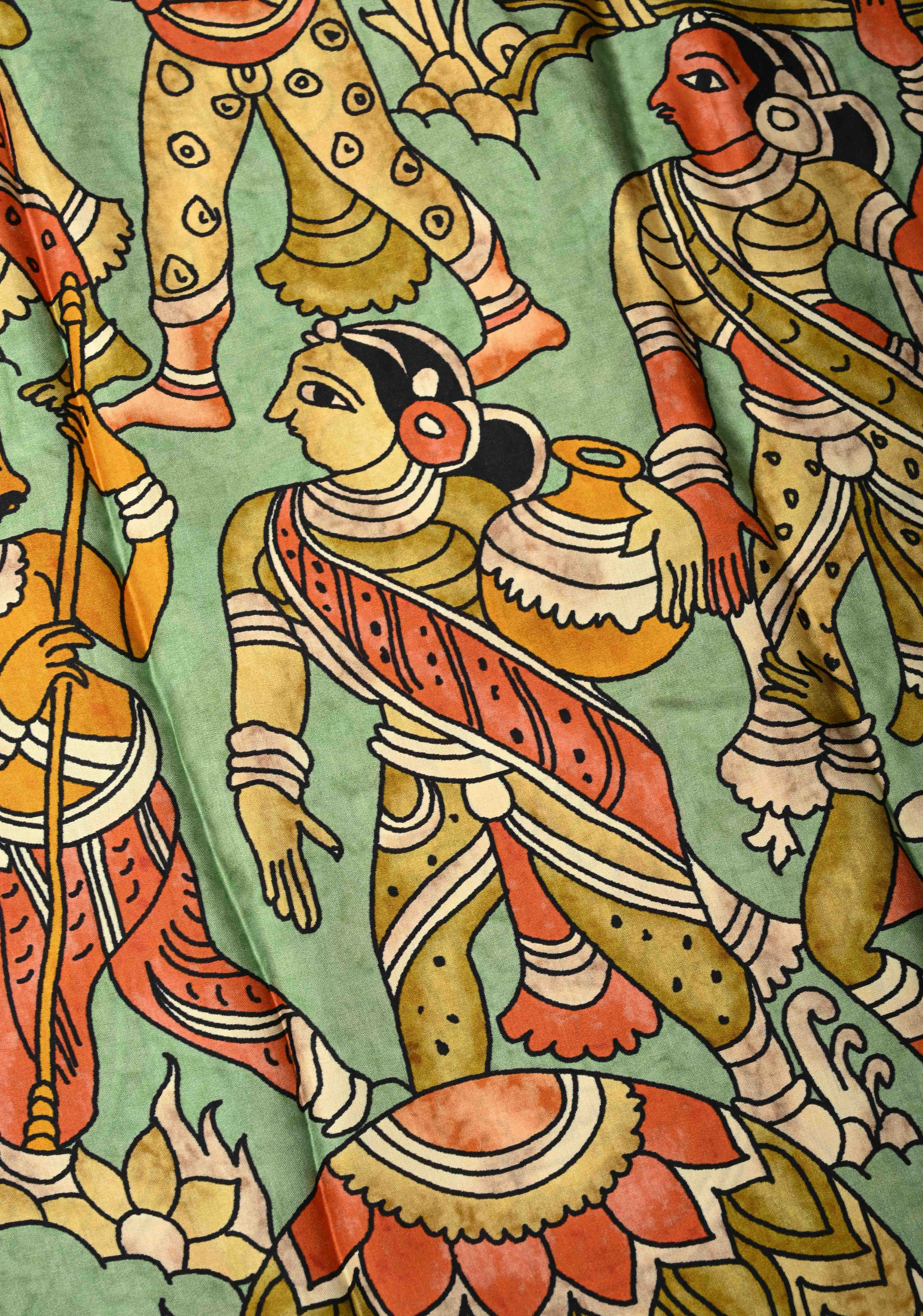 Green Gajji Silk Saree with Village Theme Kalamkari Digital Print and Gotta Patti Border | Shobitam