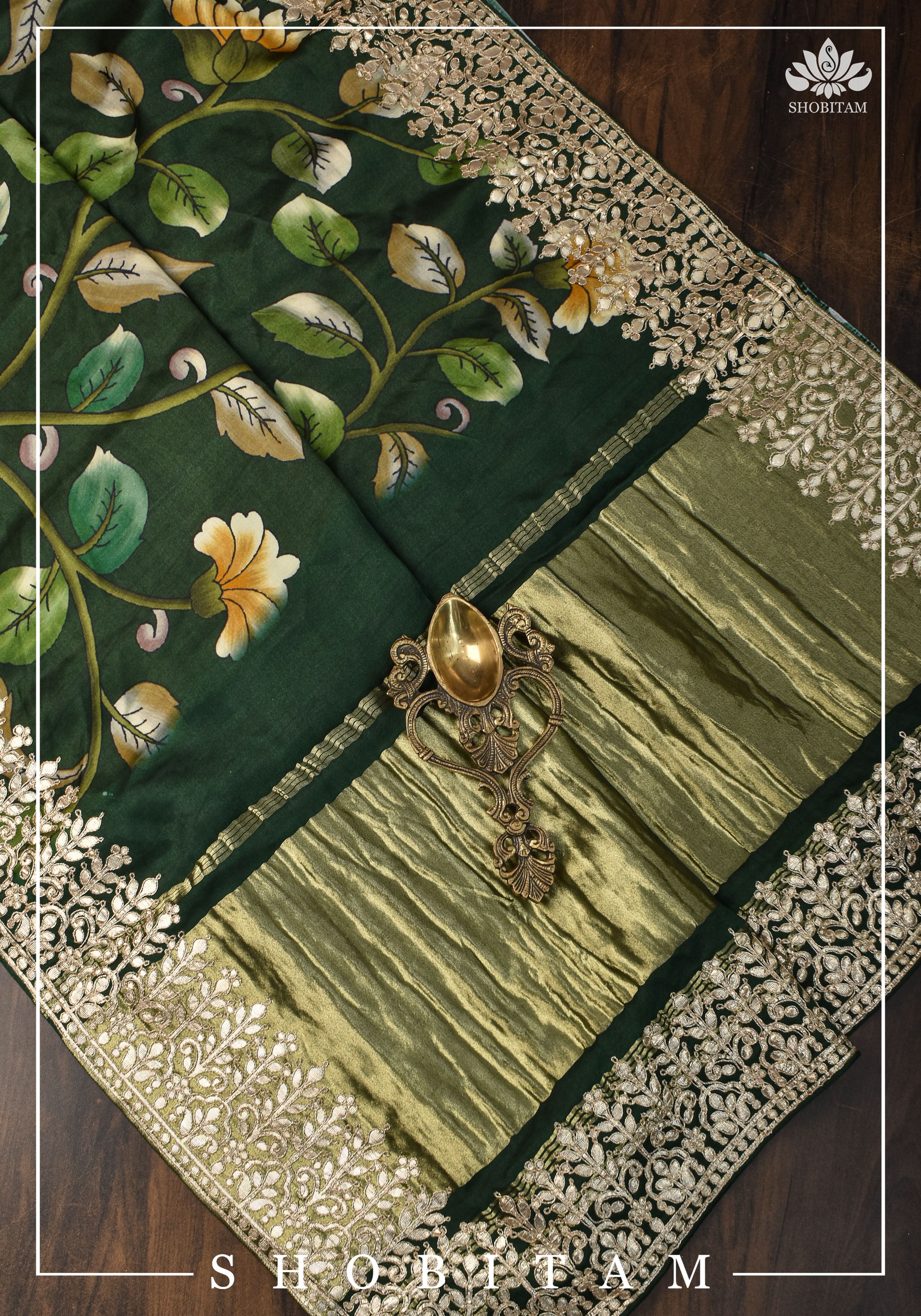 Gajji Silk Saree with Gotta Patti Borders, crushed zari palla and Floral Digital Print | Sarees by Shobitam