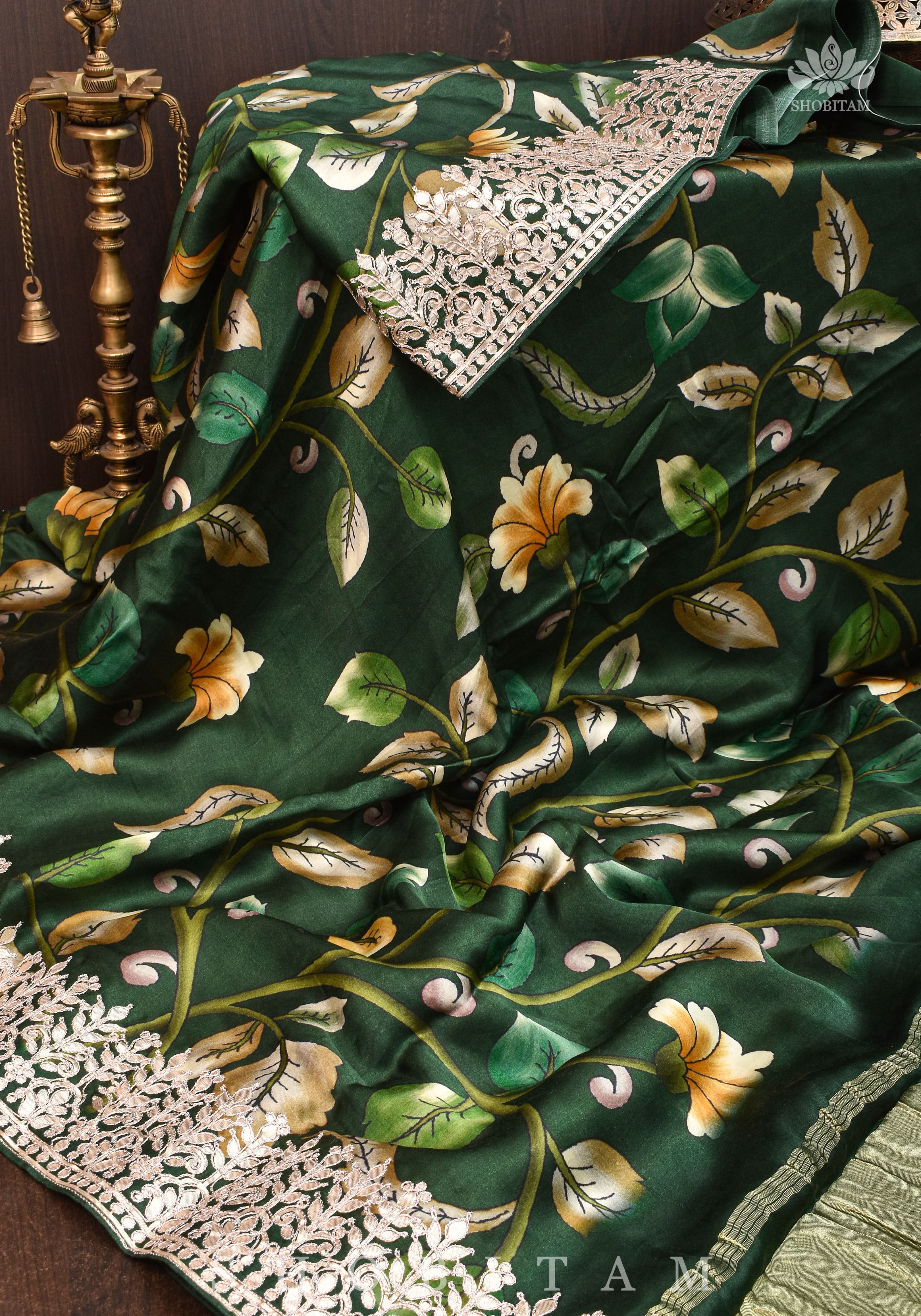 Gajji Silk Saree with Gotta Patti Borders, crushed zari palla and Floral Digital Print | Shobitam