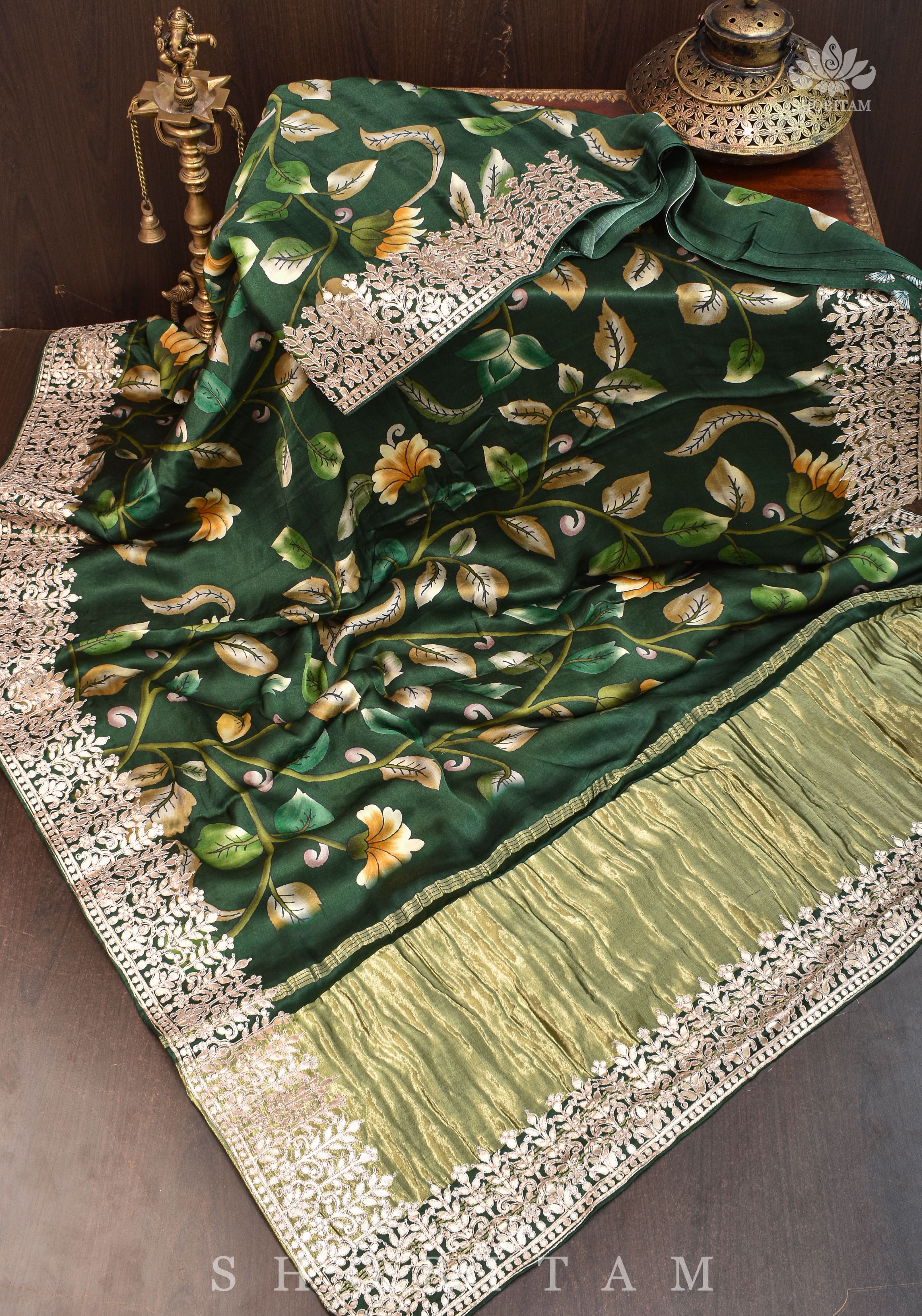 Gajji Silk Saree with Gotta Patti Borders, crushed zari palla and Floral Digital Print | Shobitam