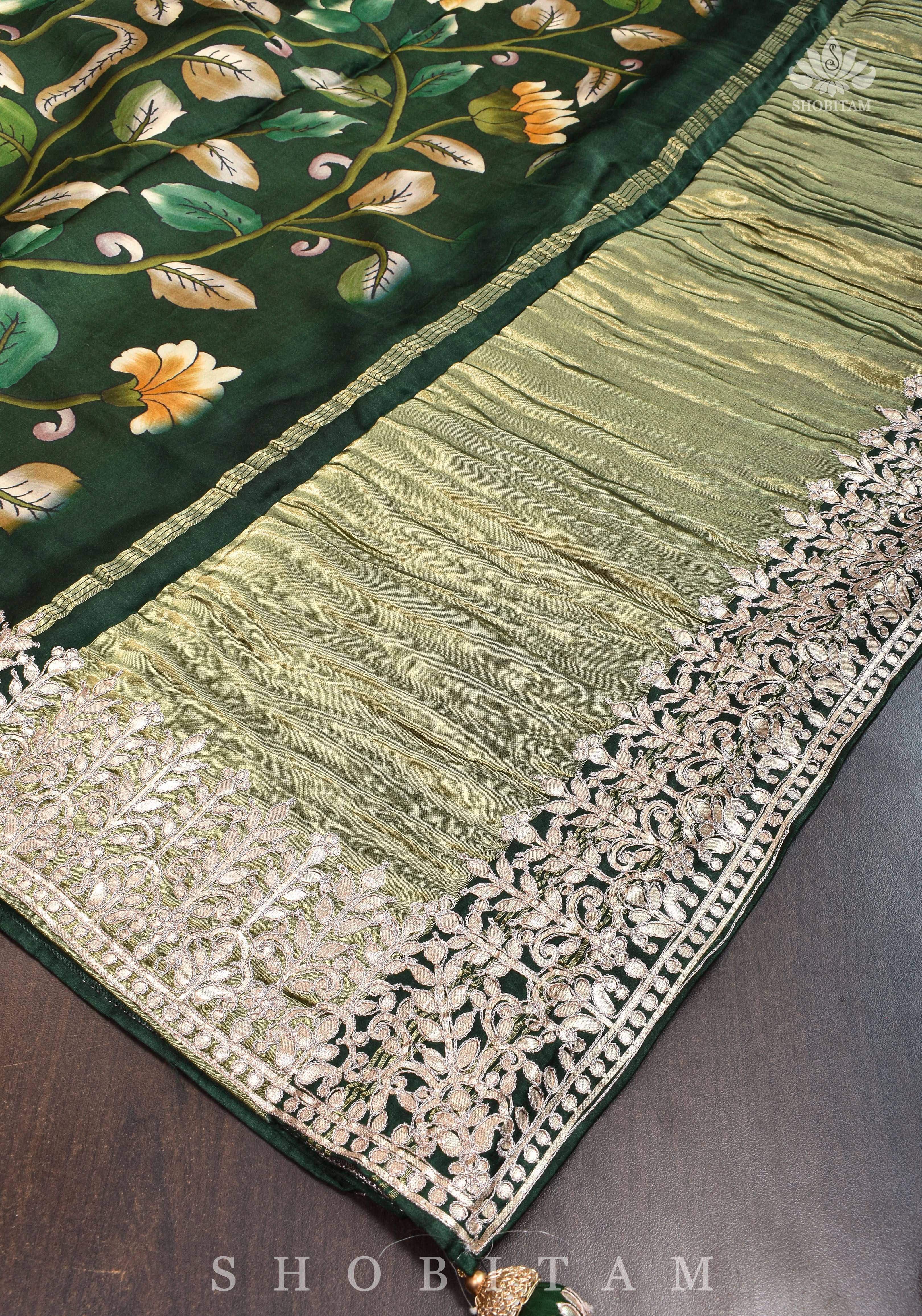 Gajji Silk Saree with Gotta Patti Borders, crushed zari palla and Floral Digital Print | Shobitam