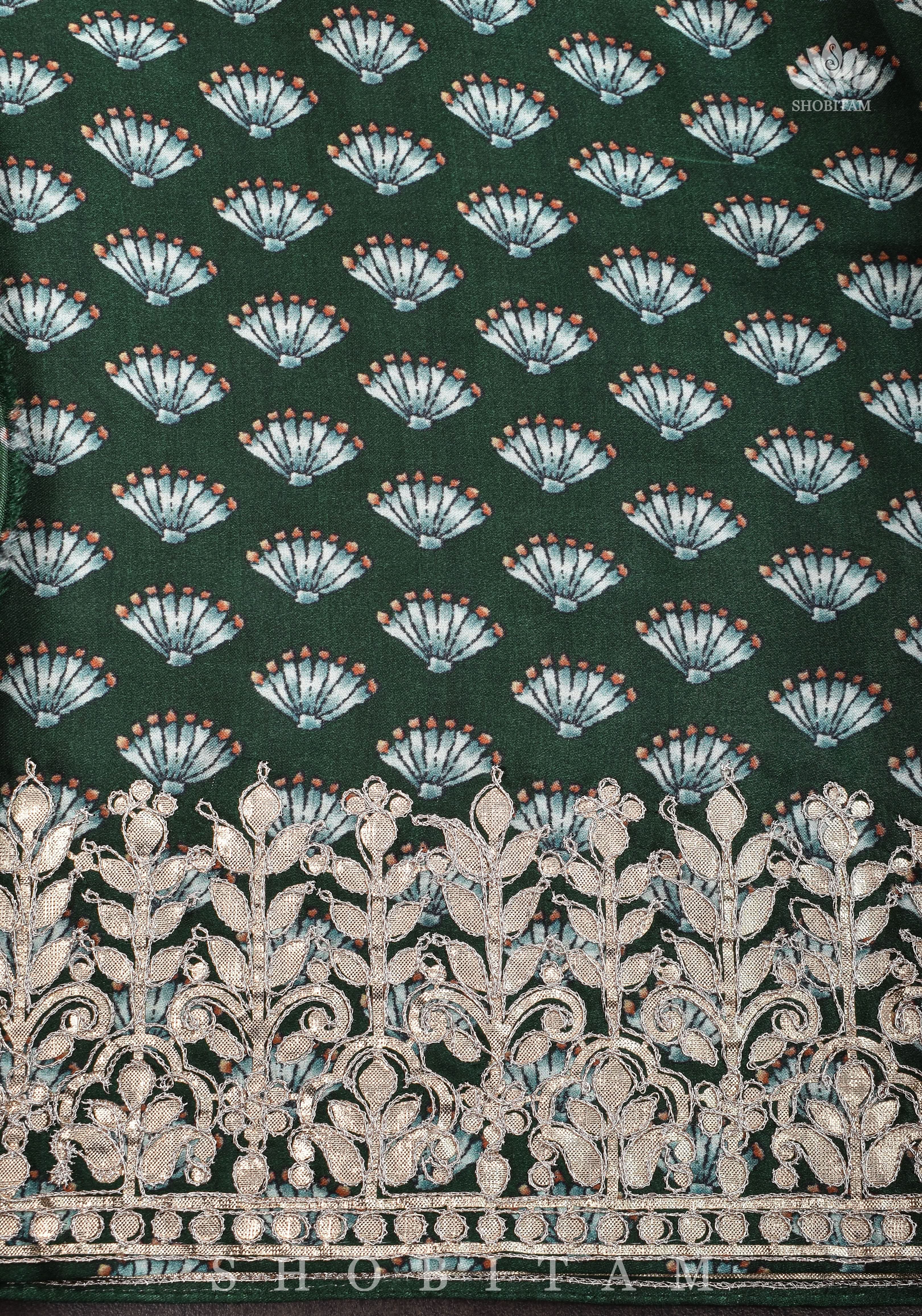Gajji Silk Saree with Gotta Patti Borders, crushed zari palla and Floral Digital Print | Shobitam