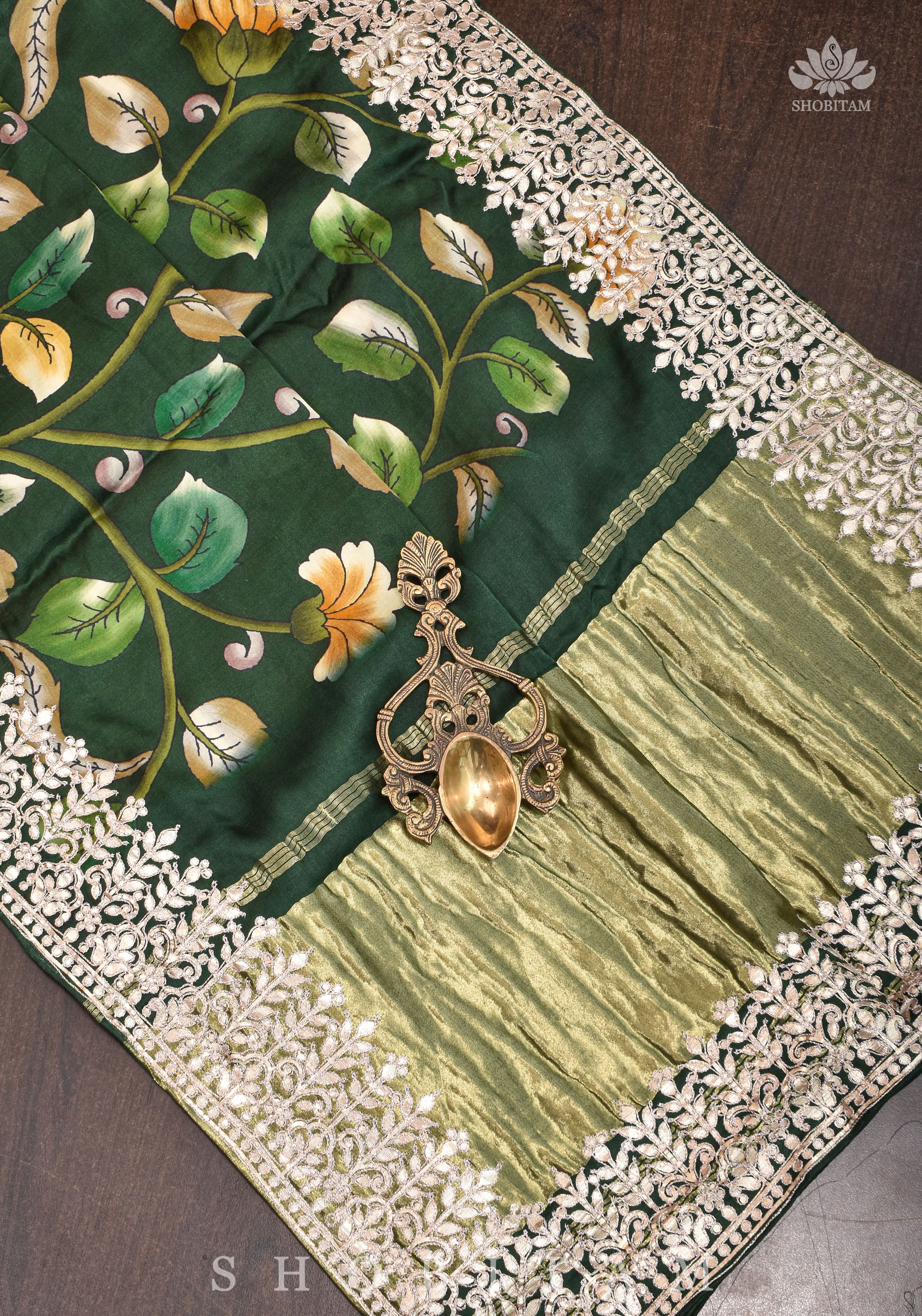 Gajji Silk Saree with Gotta Patti Borders, crushed zari palla and Floral Digital Print | Shobitam