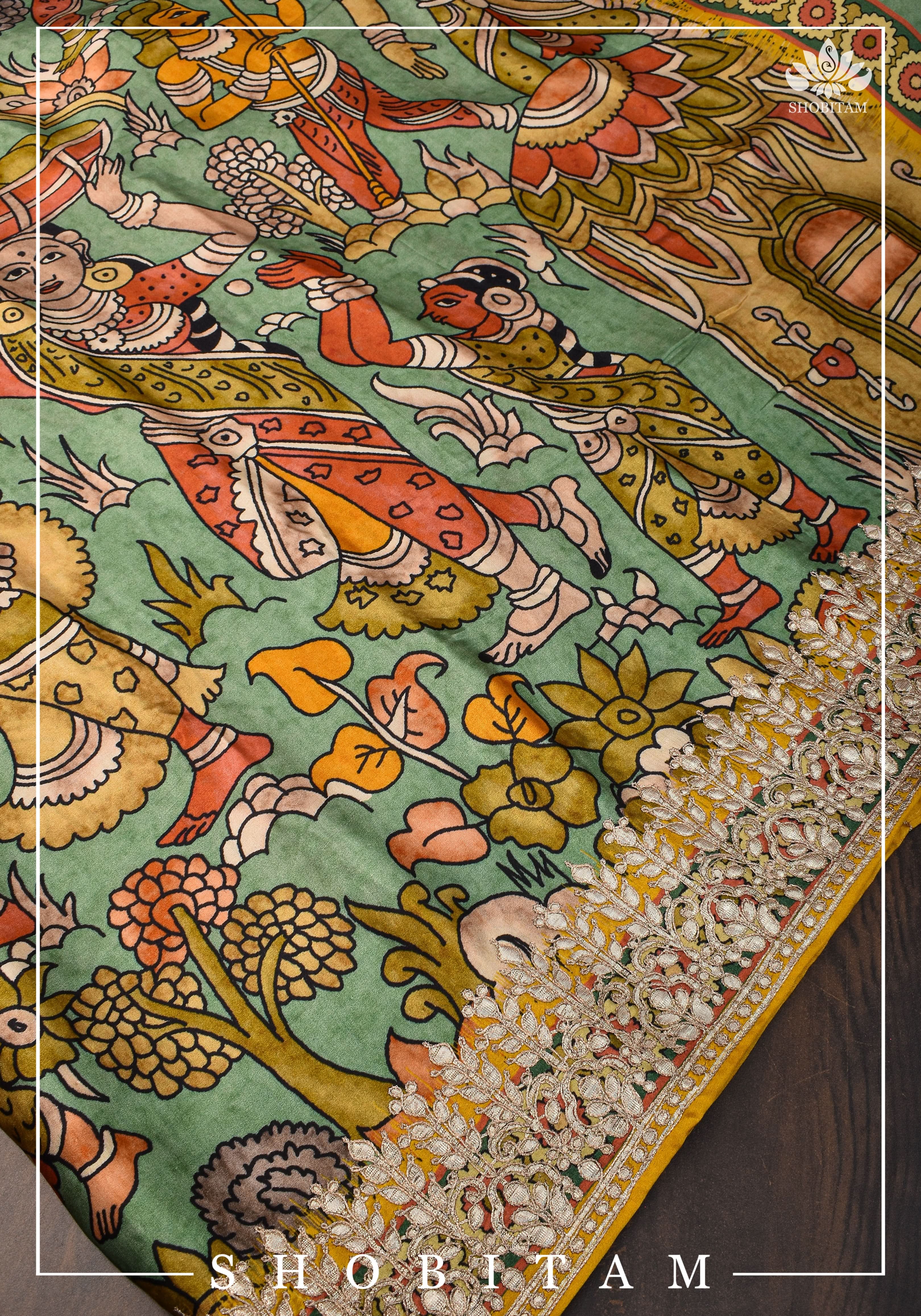 Gajji Silk Saree with Gotta Patti Border and kalamkari Digital Print | Shobitam