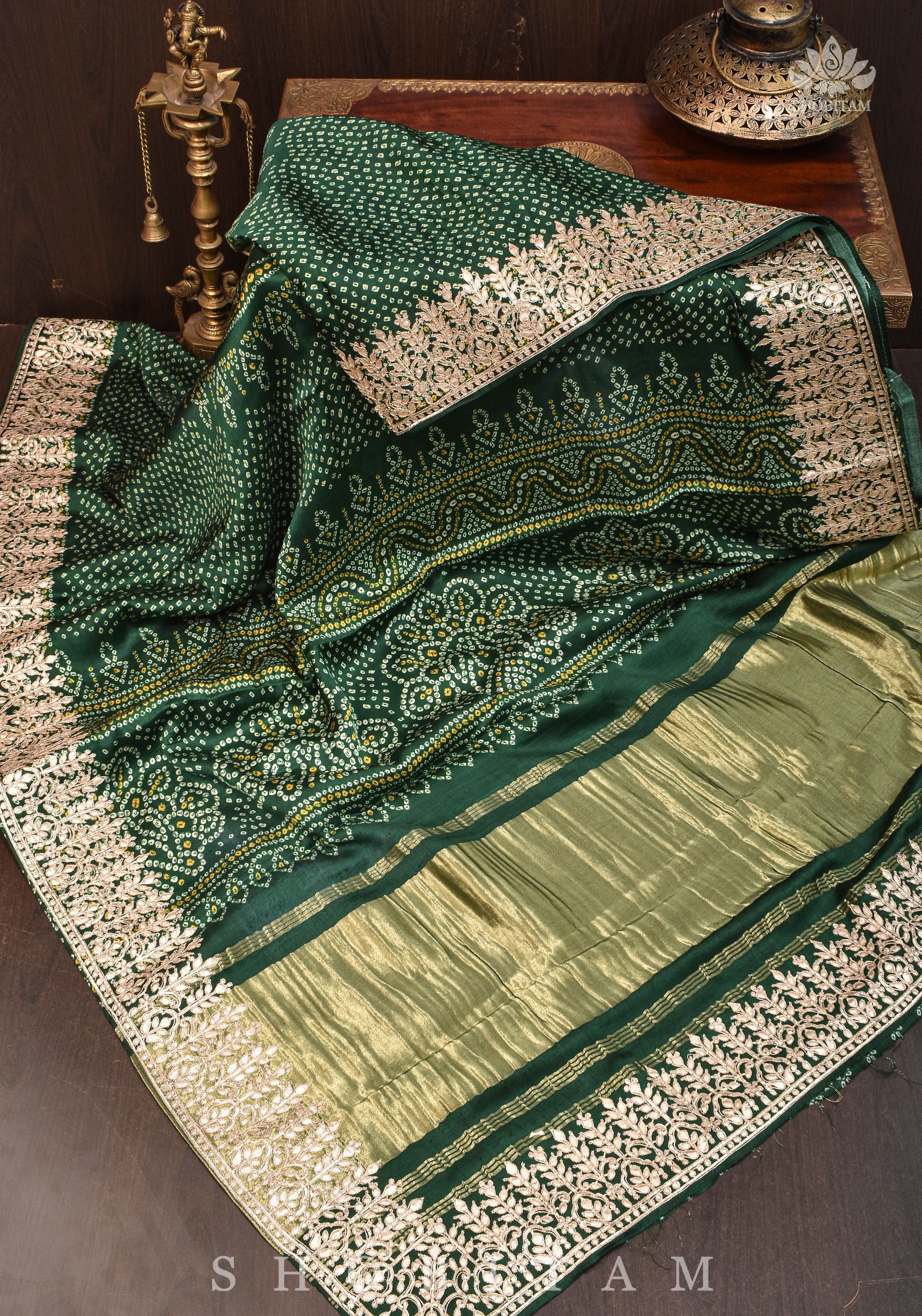 Vidya Balan Bottle Green Gajji Silk Saree with Bandhni Digital Print and Gotta patti borders | Shobitam