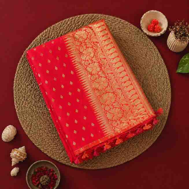 Elegant Red Silk with Gold Zari Work Ready To Wear Saree