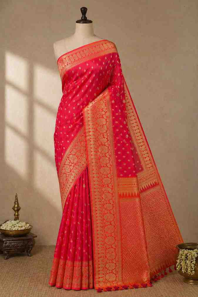 Elegant Red Silk with Gold Zari Work Ready To Wear Saree