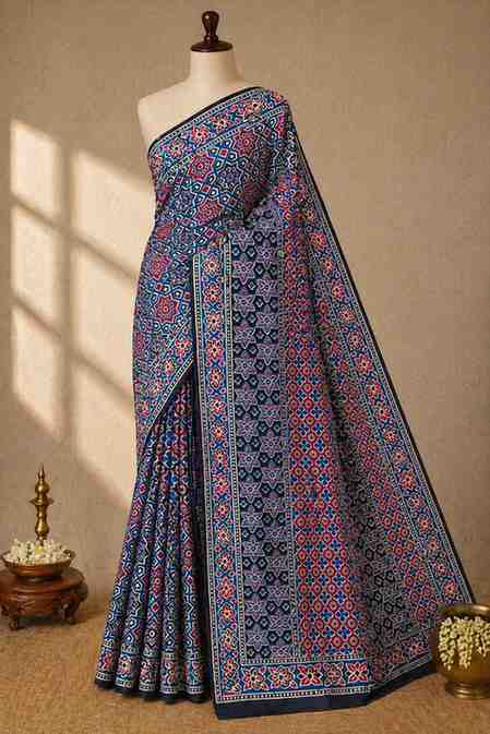 Elegant Blue Printed Designer  with Traditional Geometric Motifs Ready To Wear Saree
