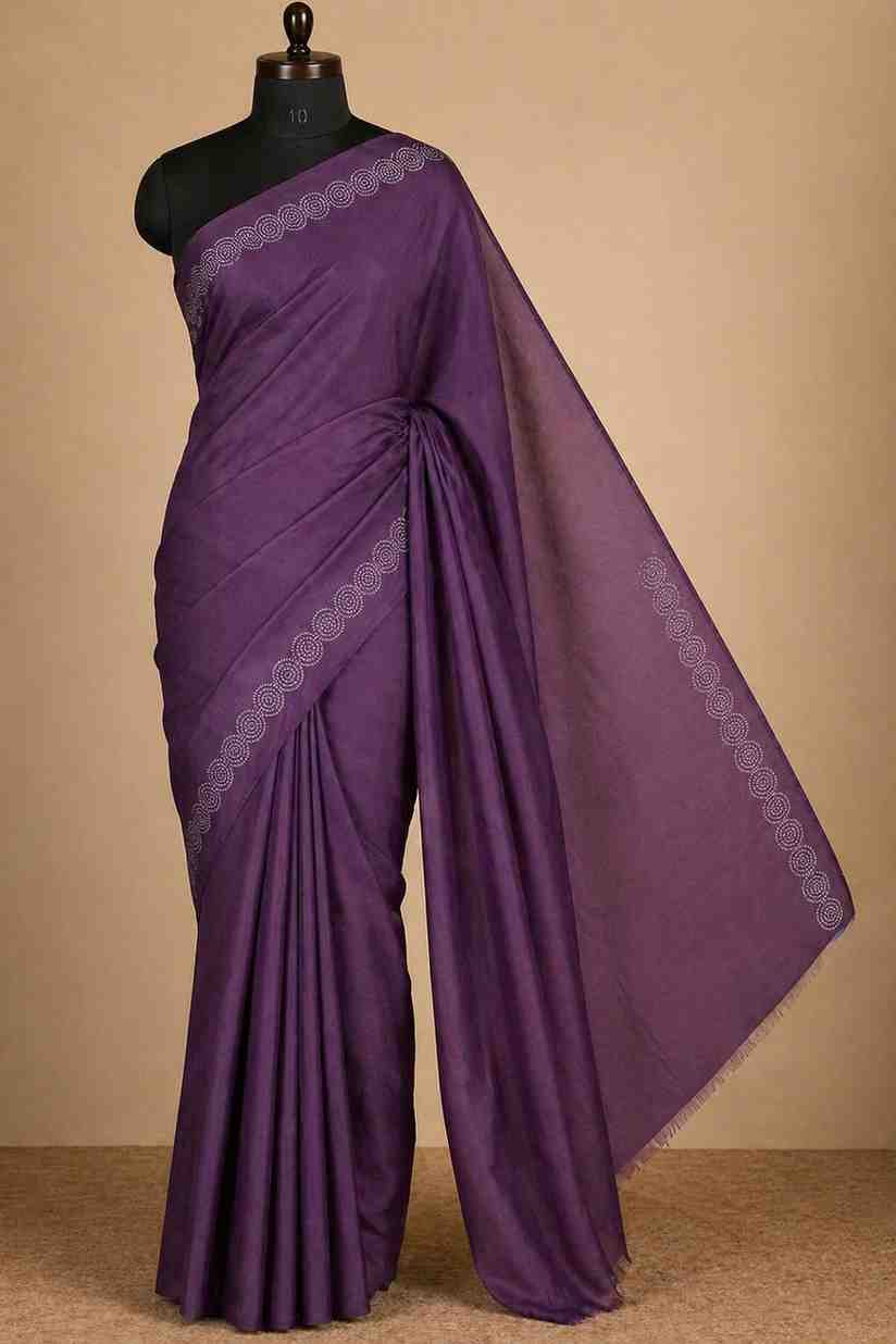 Elegant Deep Purple Silk  with Subtle Embroidered Border Ready To Wear Saree