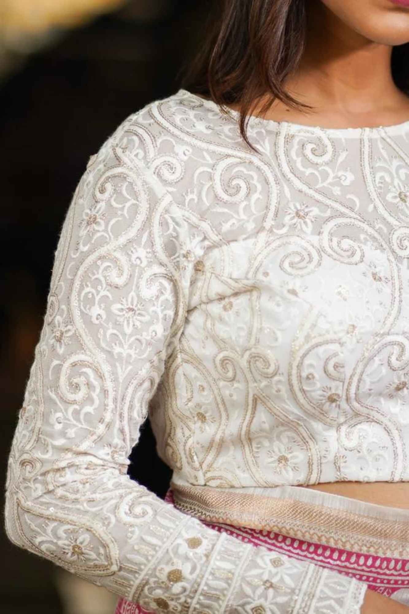 Chikankari style Full Jaal machine embroidered full sleeves blouse in Ivory Georgette with Gold tone highlights