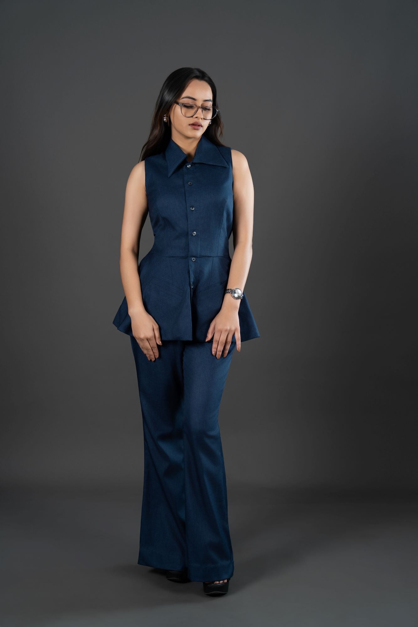 High-Waisted Tailored Trousers in Premium Poly Viscose Suiting Navy Bell Bottom Pants