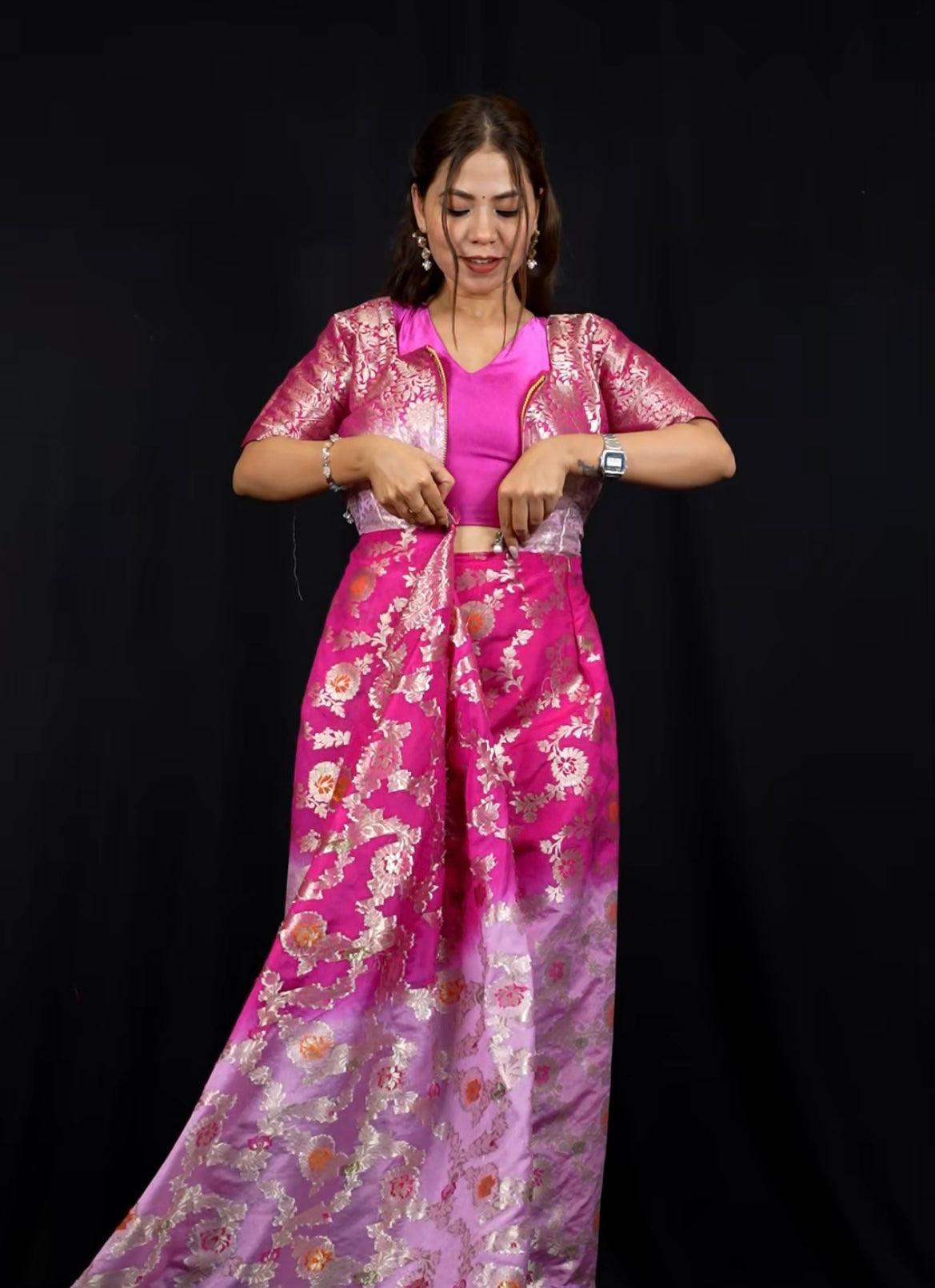 Soft Georgette Silk with Mina Jaal Weave and Zari Border Ready To Wear zip & go saree