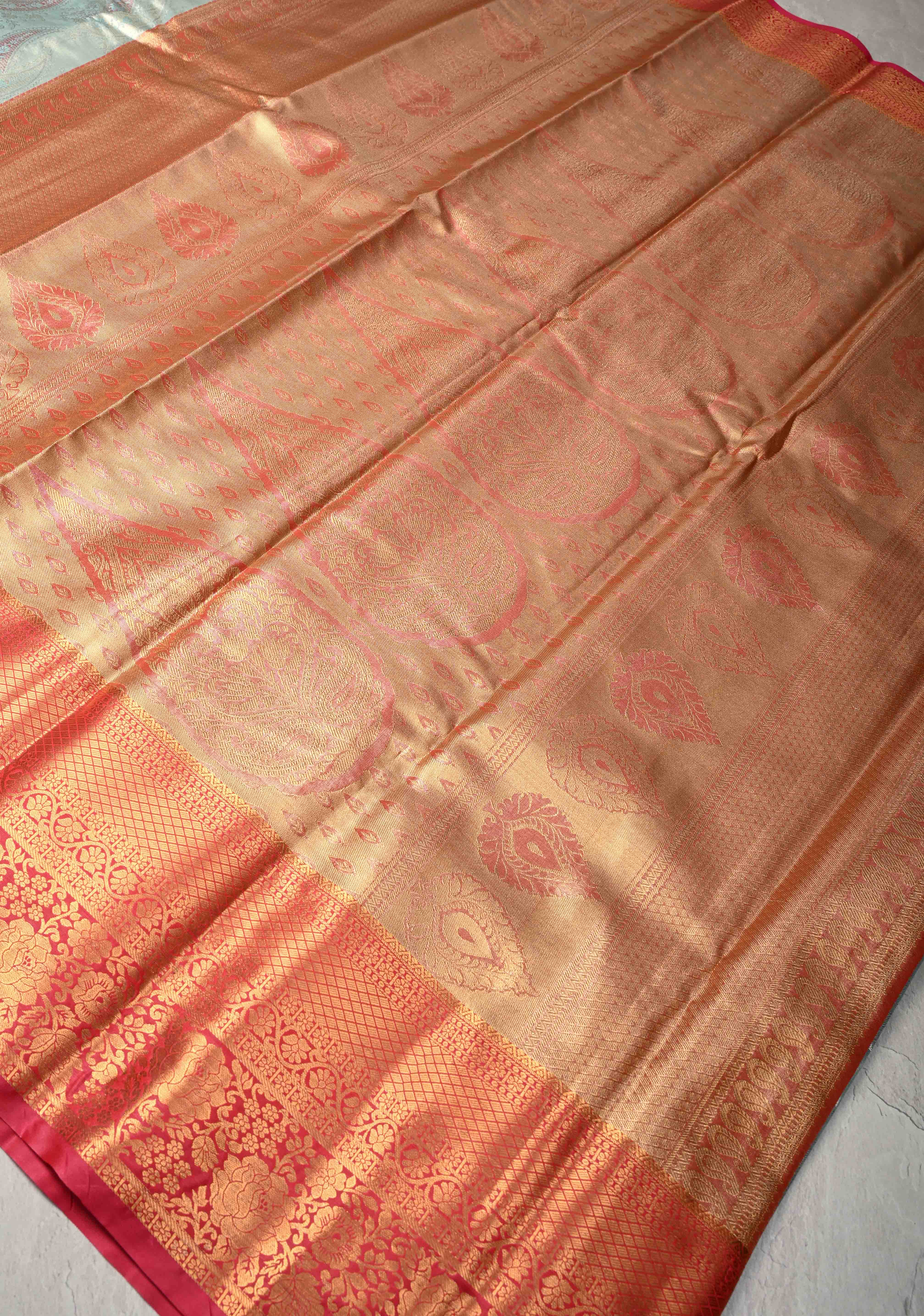 Pastel Green Kanjivaram Tissue Semi Silk Saree with Meenakari Brocade and Contrast Zari Border | Shobitam
