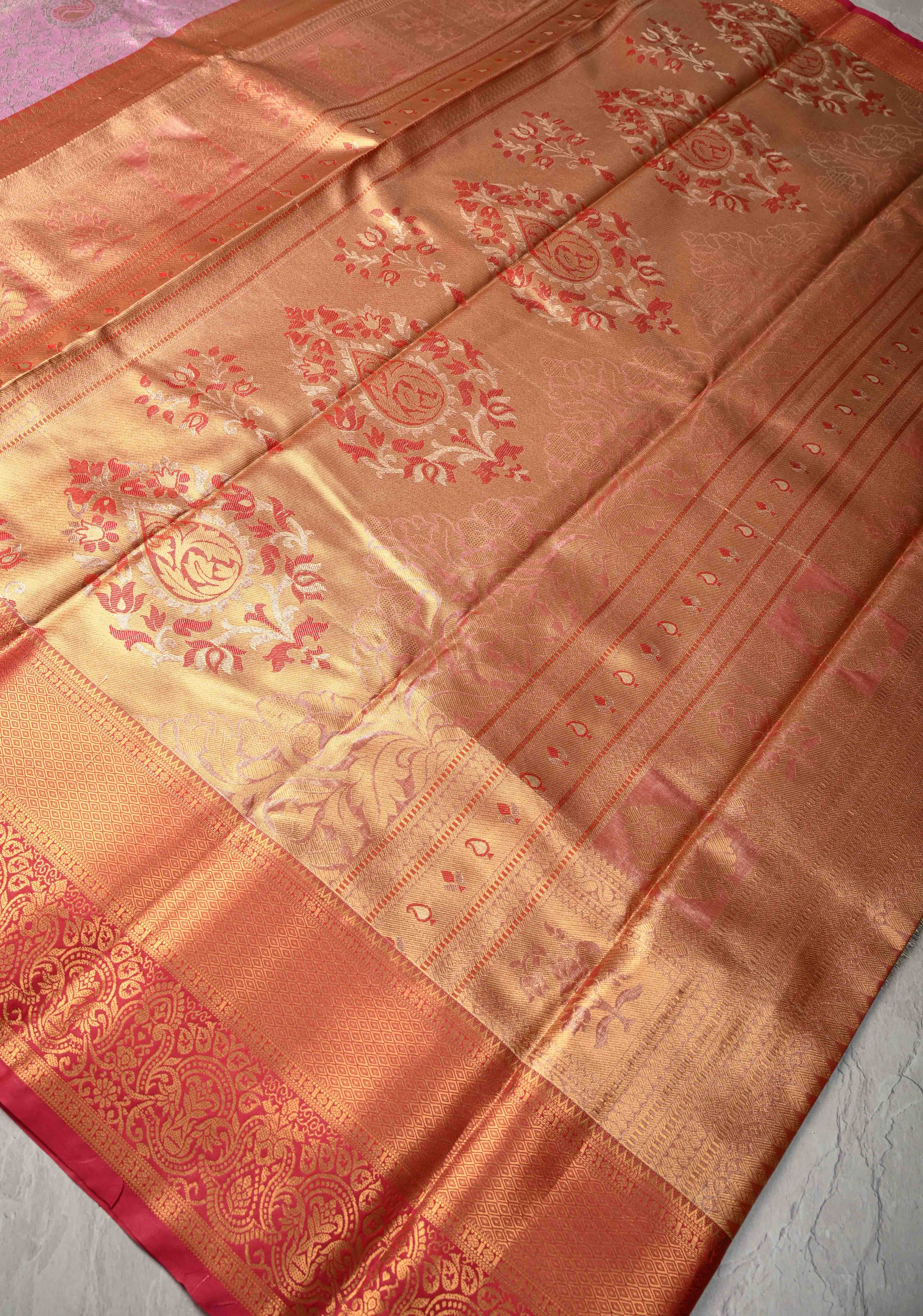 Pink Kanjivaram Tissue Semi Silk Saree with Meenakari Brocade and Contrast Zari Border | Shobitam