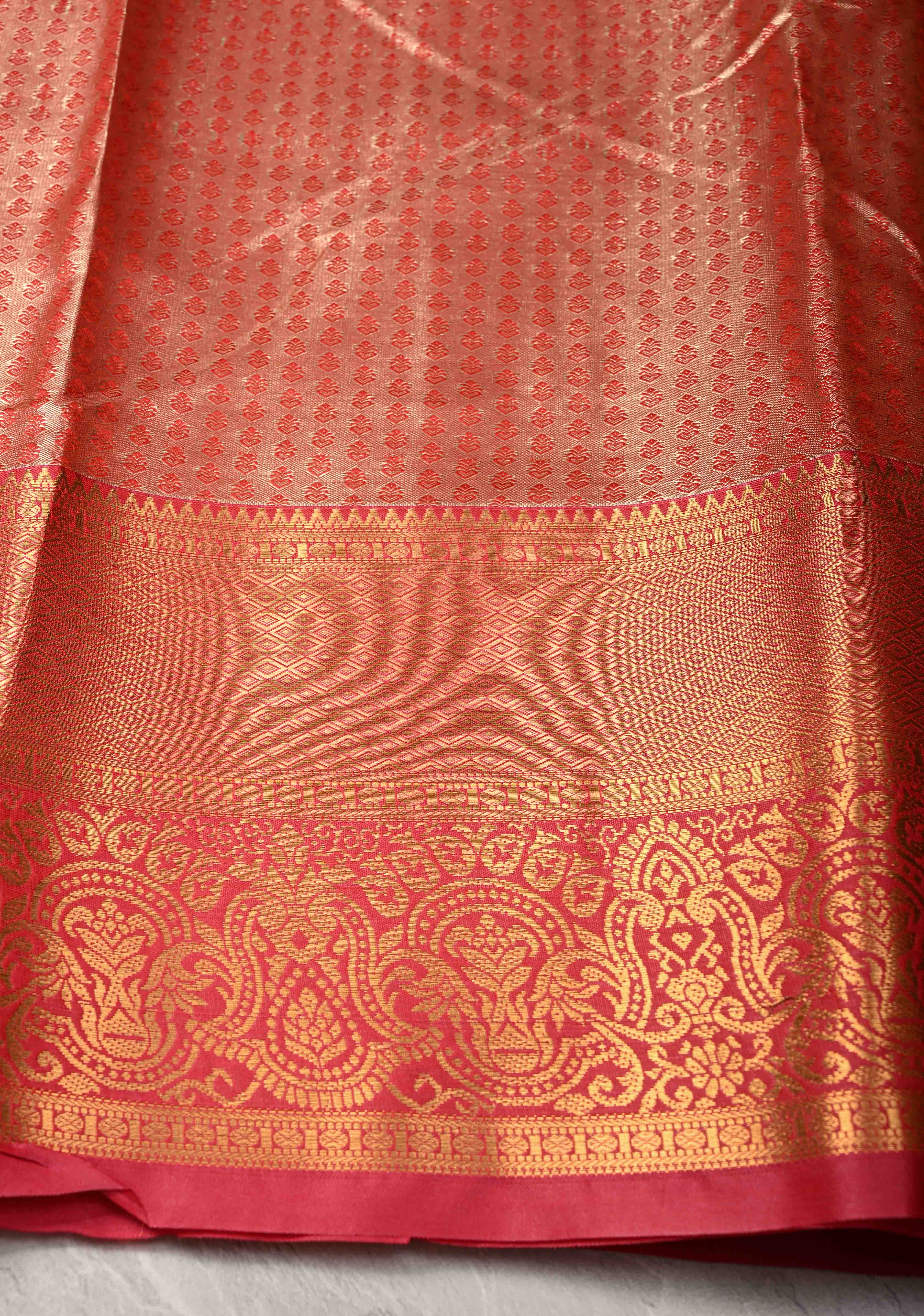 Pink Kanjivaram Tissue Semi Silk Saree with Meenakari Brocade and Contrast Zari Border | Shobitam