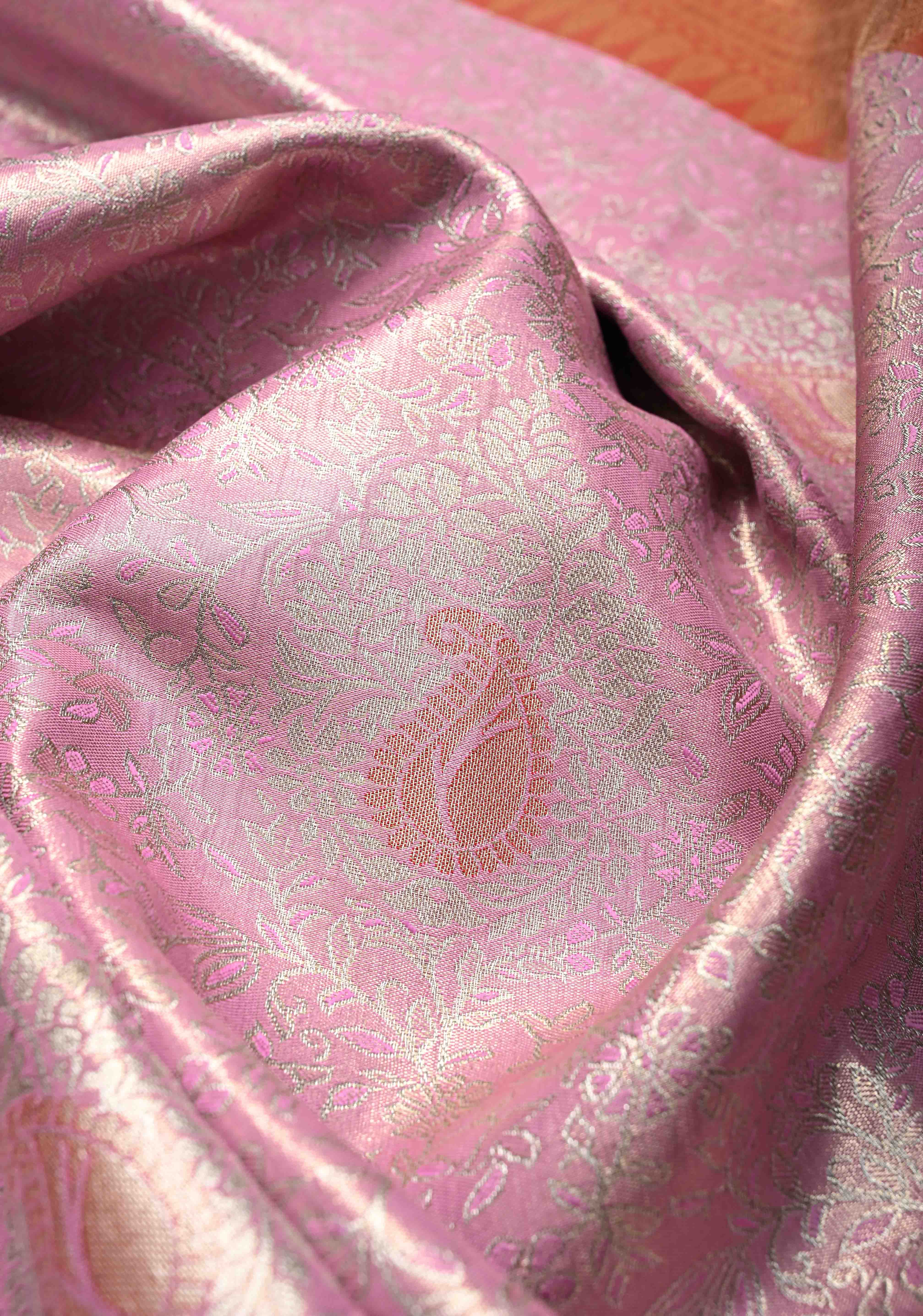 Pink Kanjivaram Tissue Semi Silk Saree with Meenakari Brocade and Contrast Zari Border | Shobitam