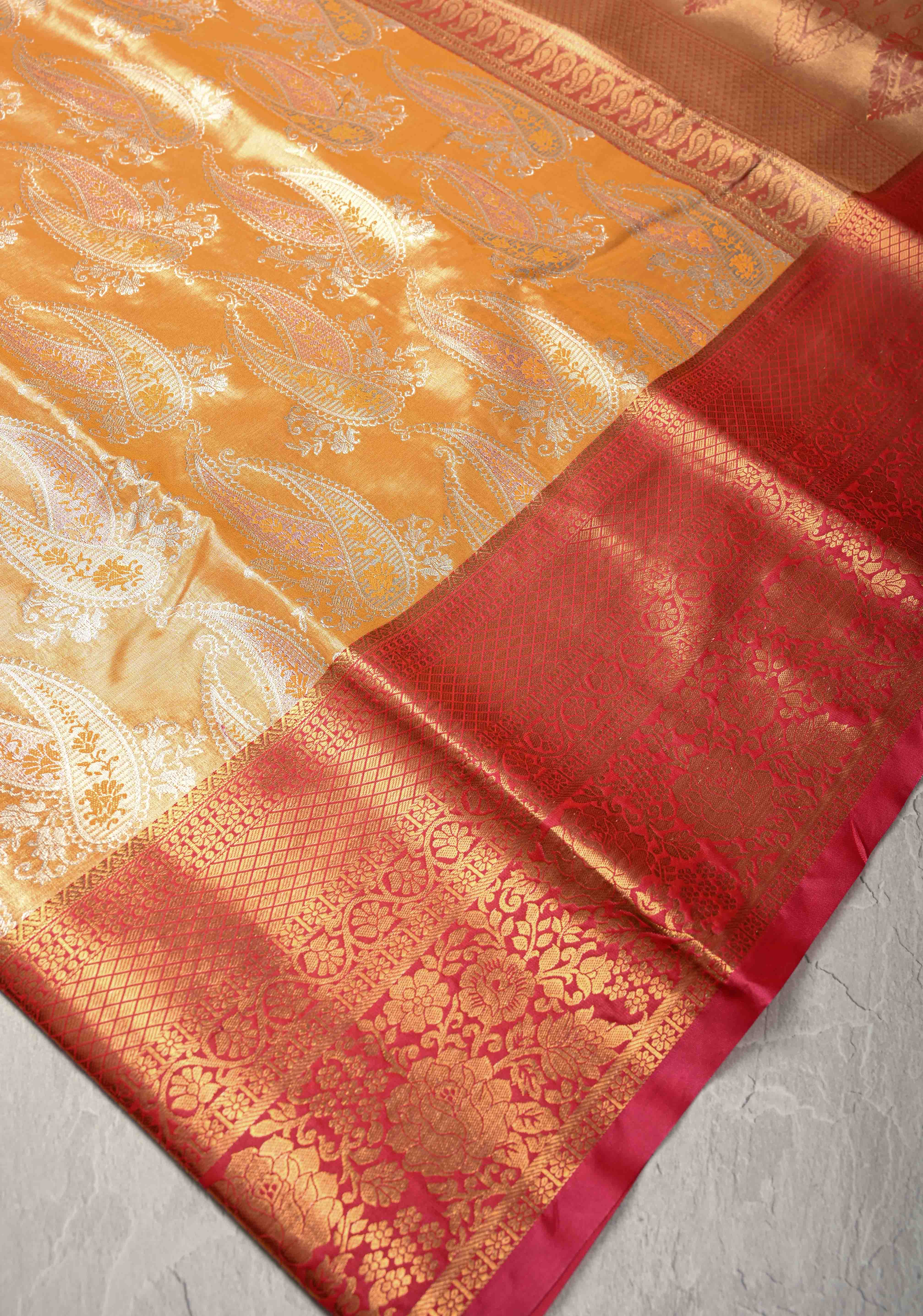 Yellow Kanjivaram Tissue Semi Silk Saree with Meenakari Paisley Brocade Jaal and Contrast Zari Border | Shobitam