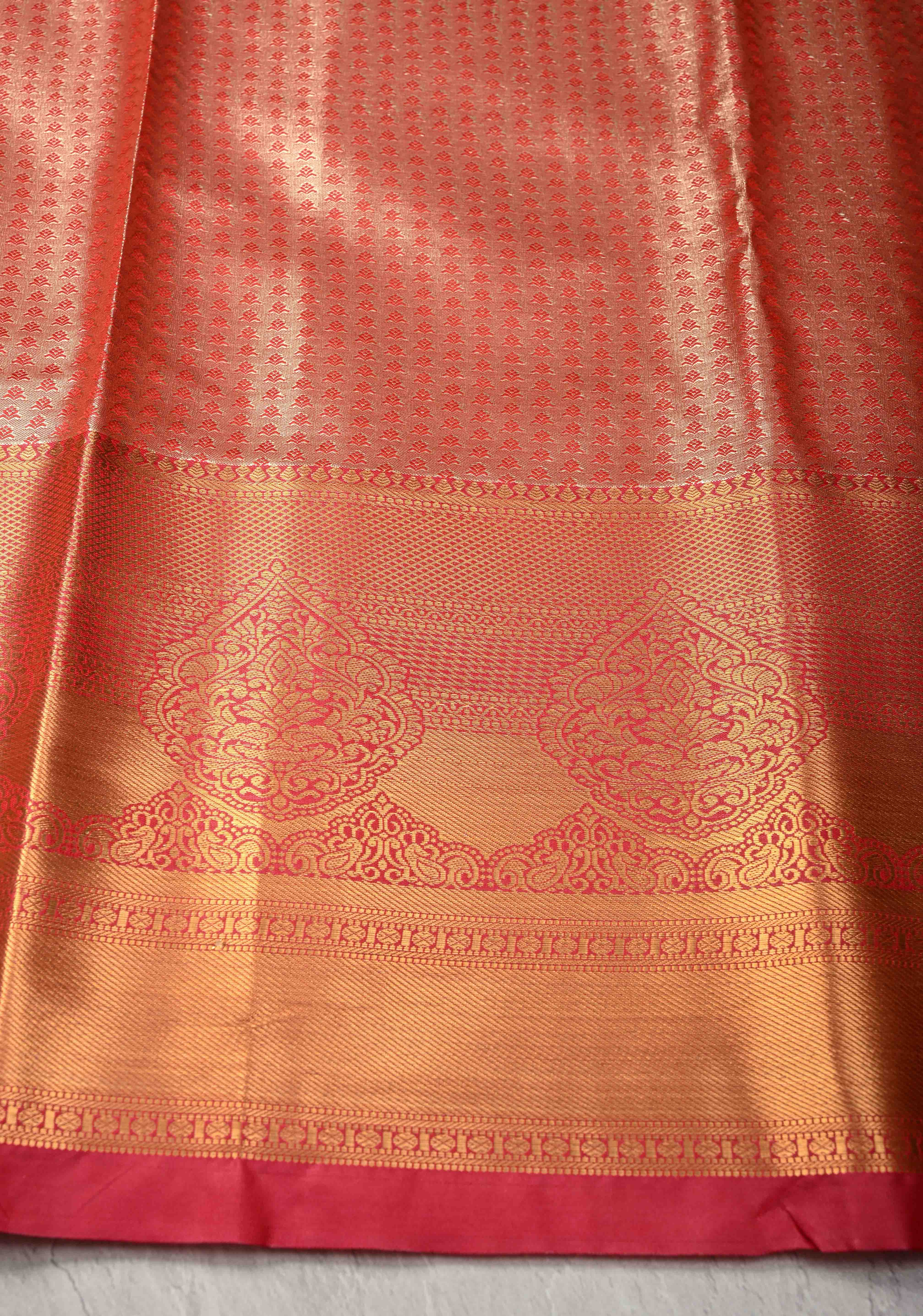 Light Pink Kanjivaram Tissue Semi Silk Saree with Meenakari Brocade and Contrast Zari Border | Shobitam